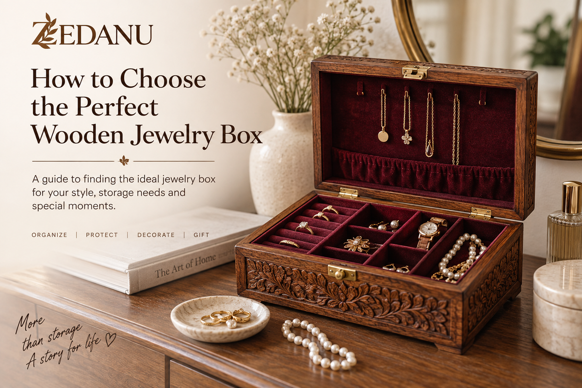 Handcrafted wooden jewelry box with compartments for rings, necklaces and keepsakes