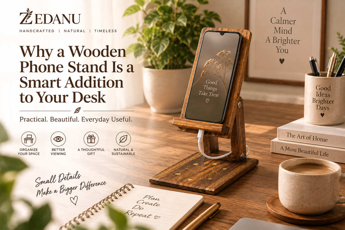 Handcrafted wooden phone stand for desk and smartphone display