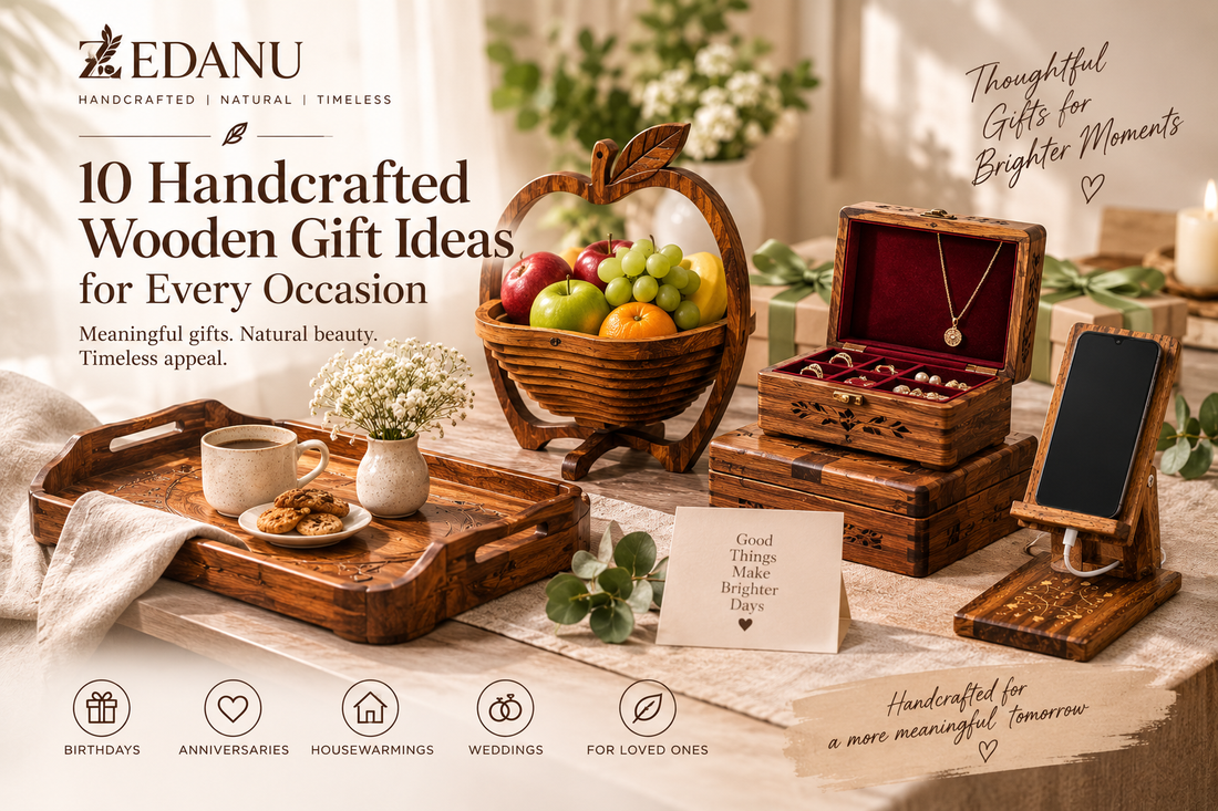 Handcrafted wooden gift ideas including jewelry boxes serving trays baskets and phone stands