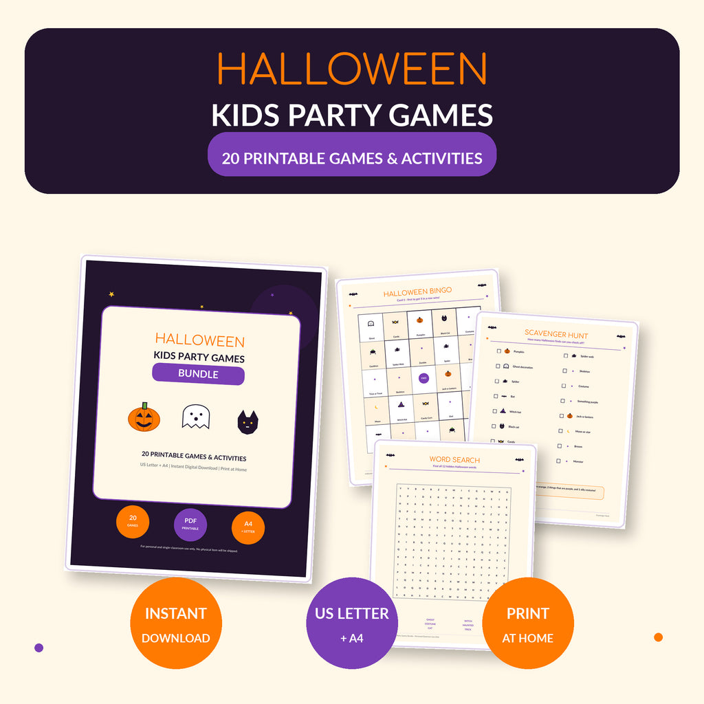 Halloween Kids Party Games Bundle Printable, 20 Halloween Activities for Kids, Bingo Scavenger Hunt Trivia, Classroom Party PDF