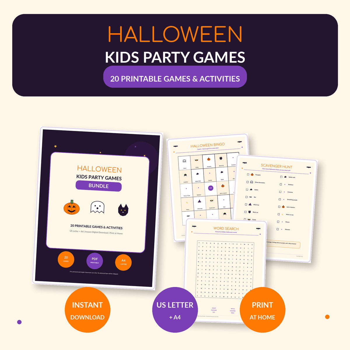 Halloween Kids Party Games Bundle Printable, 20 Halloween Activities for Kids, Bingo Scavenger Hunt Trivia, Classroom Party PDF