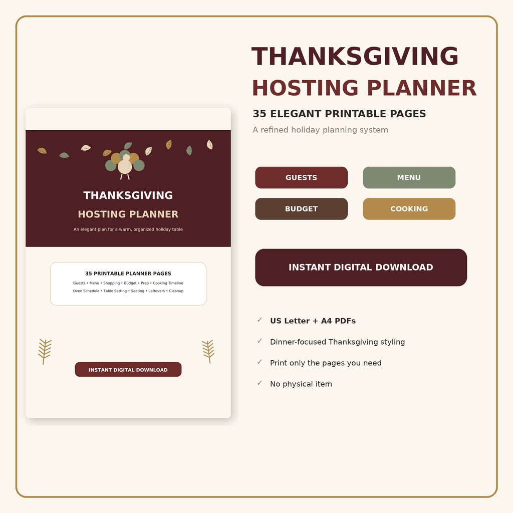 Thanksgiving Hosting Planner Printable, Dinner Party Organizer, Menu Grocery List Budget Cooking Timeline, Instant Download
