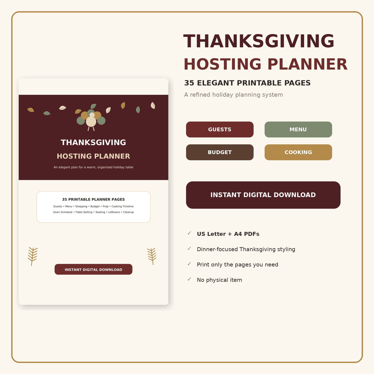 Thanksgiving Hosting Planner Printable, Dinner Party Organizer, Menu Grocery List Budget Cooking Timeline, Instant Download