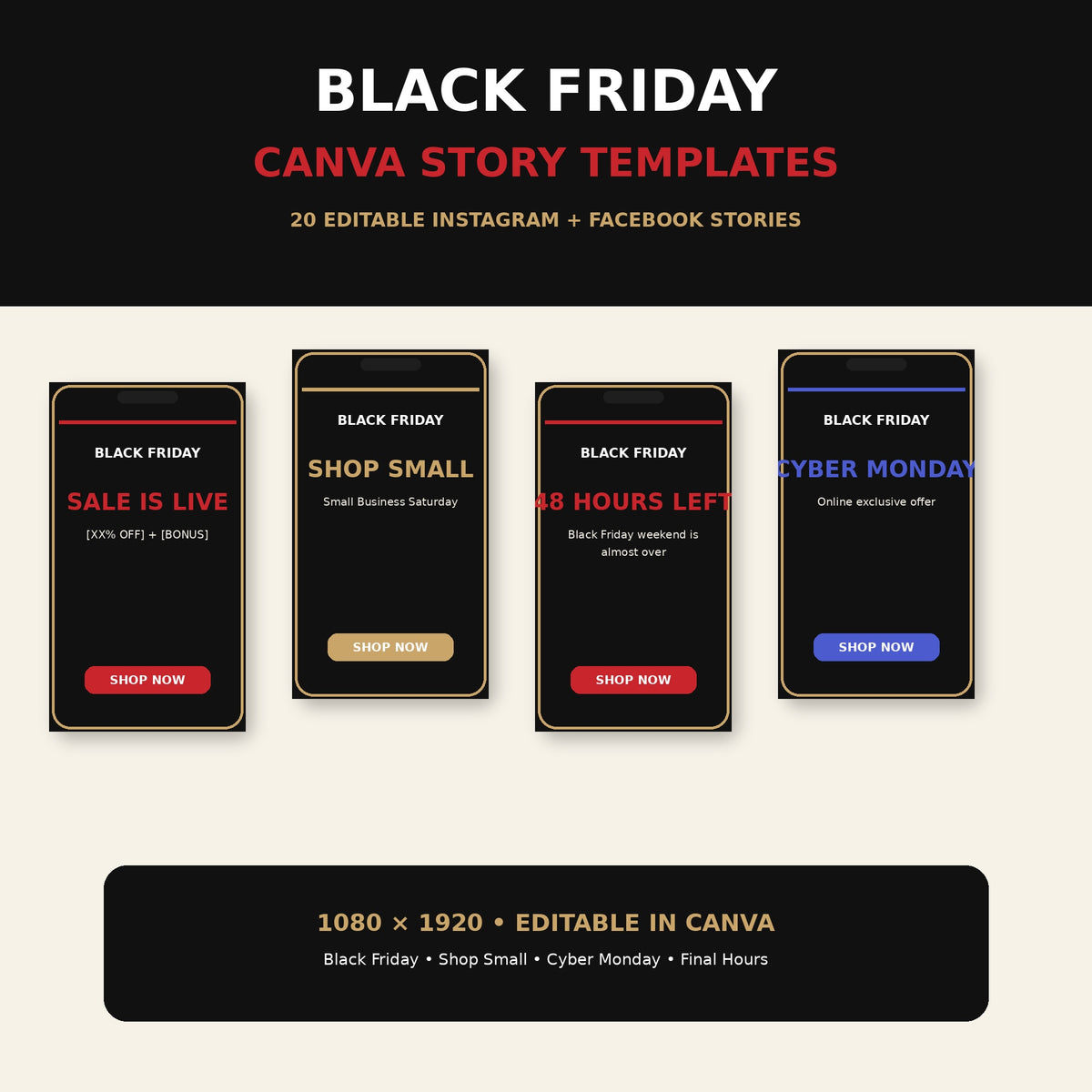 Black Friday Canva Story Templates, 20 Editable Instagram Stories for Small Business, Cyber Monday Sale Social Media Kit