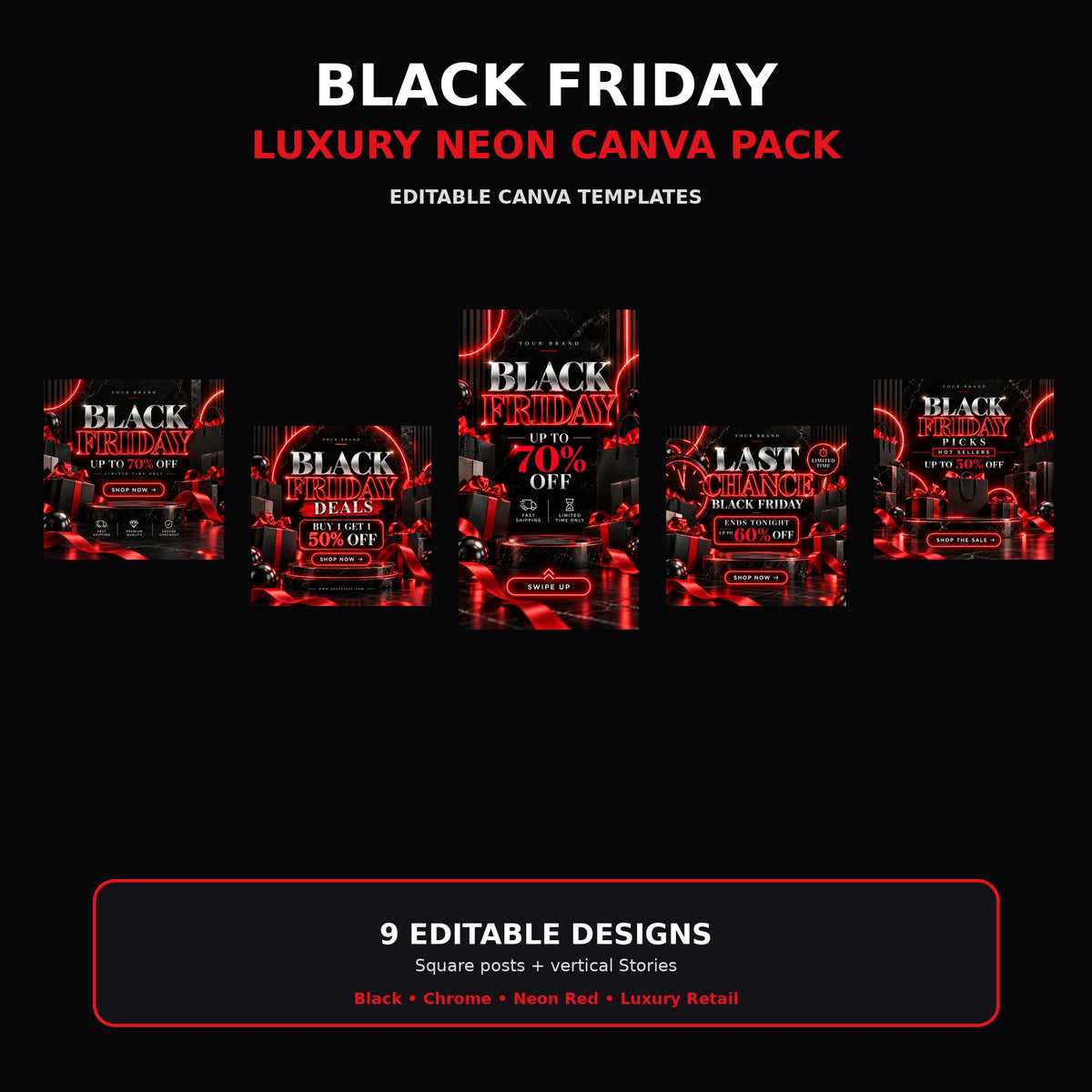 Black Friday Canva Templates Luxury Neon, Editable Instagram Sale Posts & Story Templates, Black Red Friday Marketing Kit