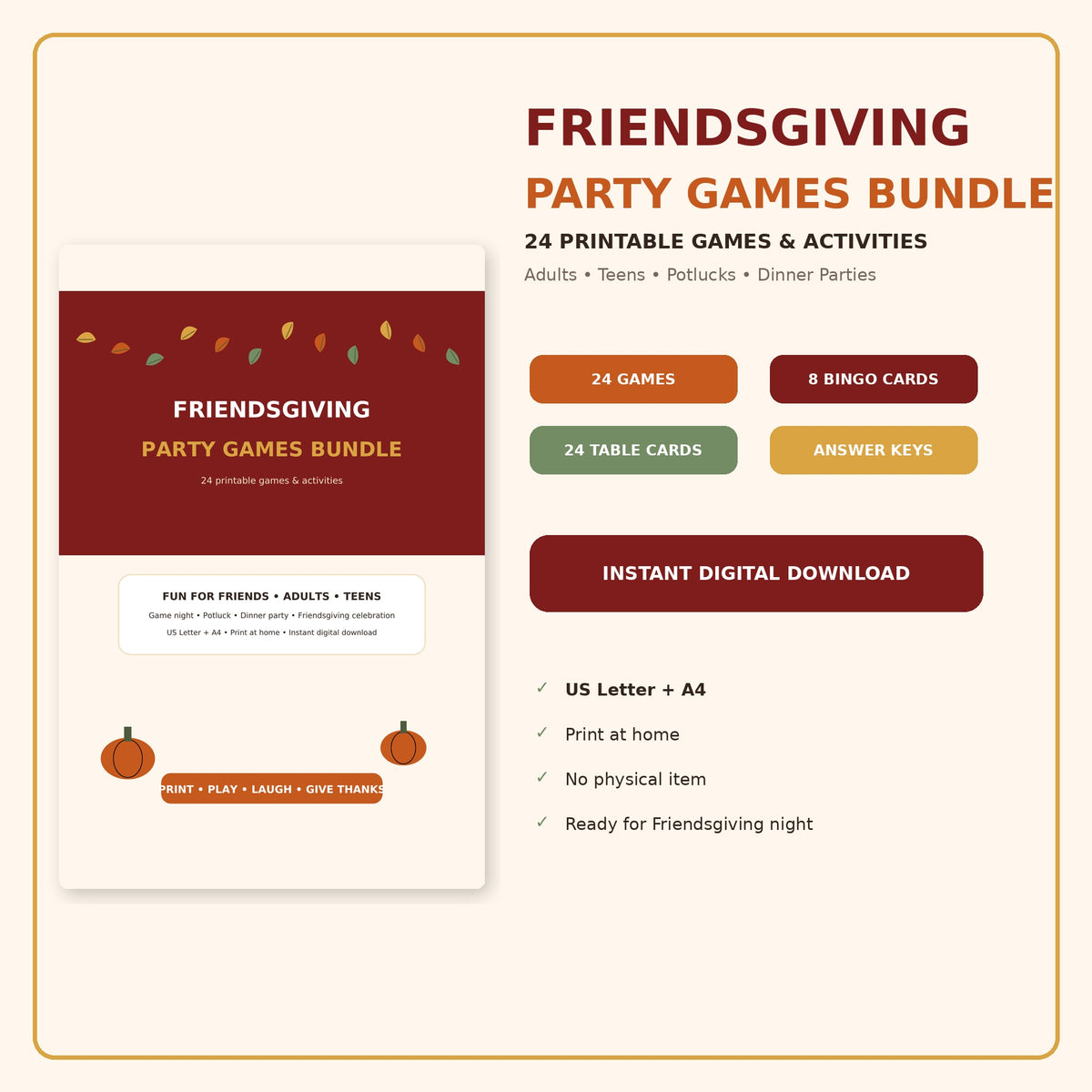 Friendsgiving Party Games Bundle Printable, 24 Thanksgiving Games for Adults Teens, Friendsgiving Dinner Party Instant Download