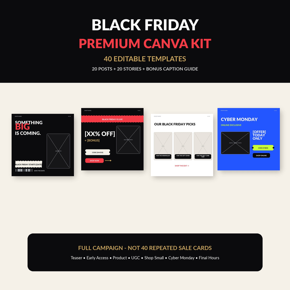 Black Friday Canva Templates, 40 Editable Instagram Posts & Stories for Small Business, Cyber Monday Social Media Marketing Kit