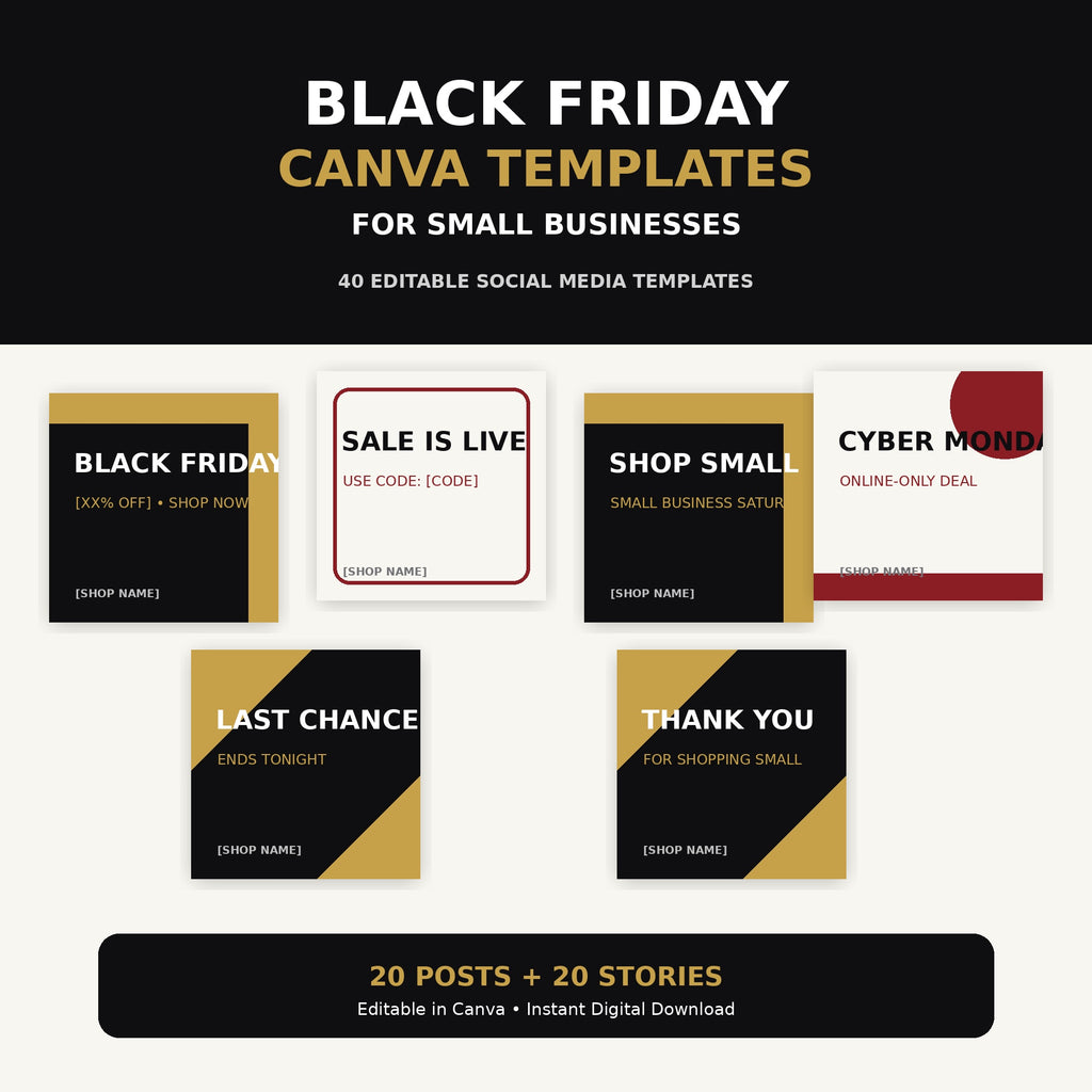 Black Friday Canva Templates for Small Business, 40 Editable Instagram Posts & Stories, Cyber Monday Social Media Sale Kit