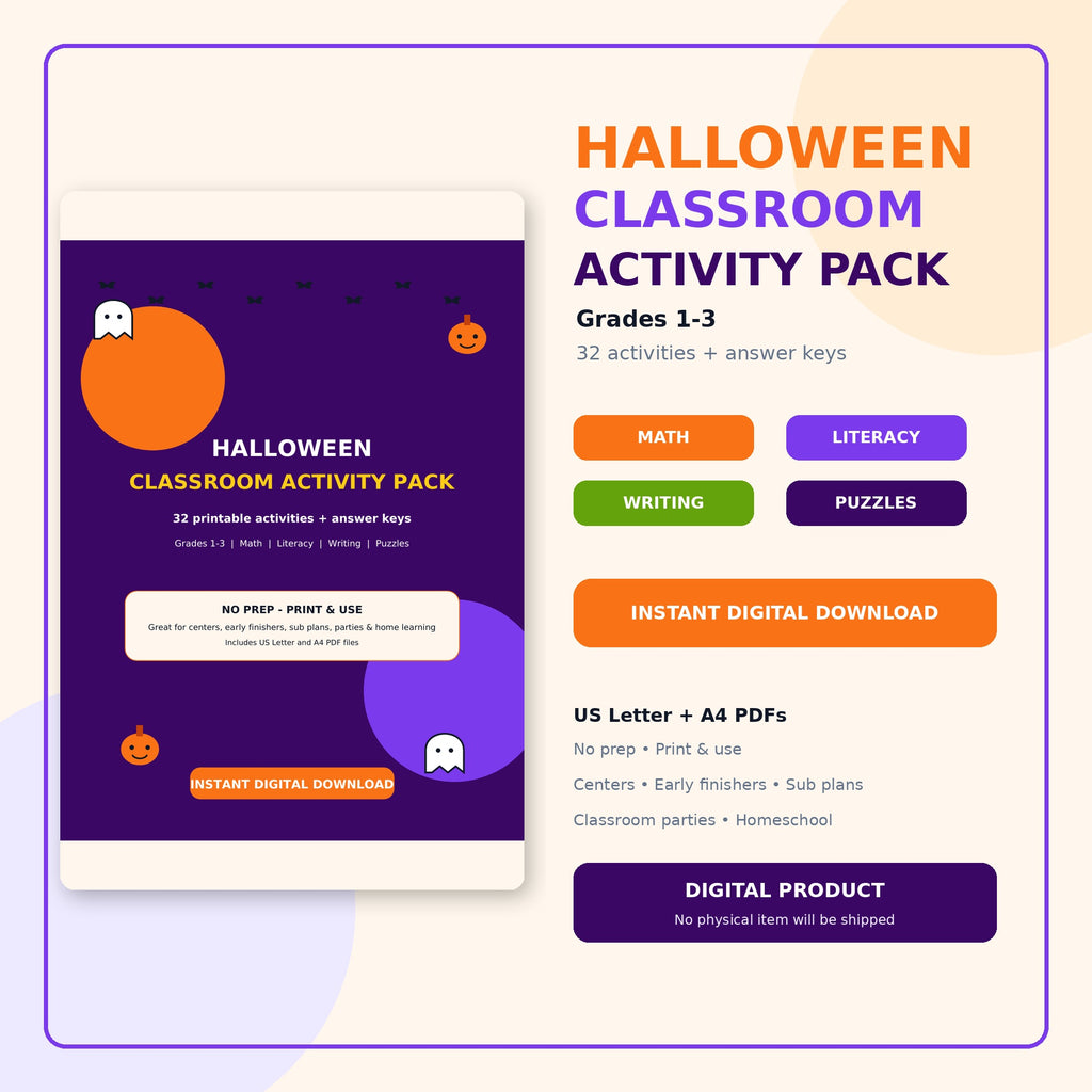 Halloween Classroom Activity Pack, Grades 1-3 Printable Worksheets, Math Literacy Writing Games, Teacher Instant Download