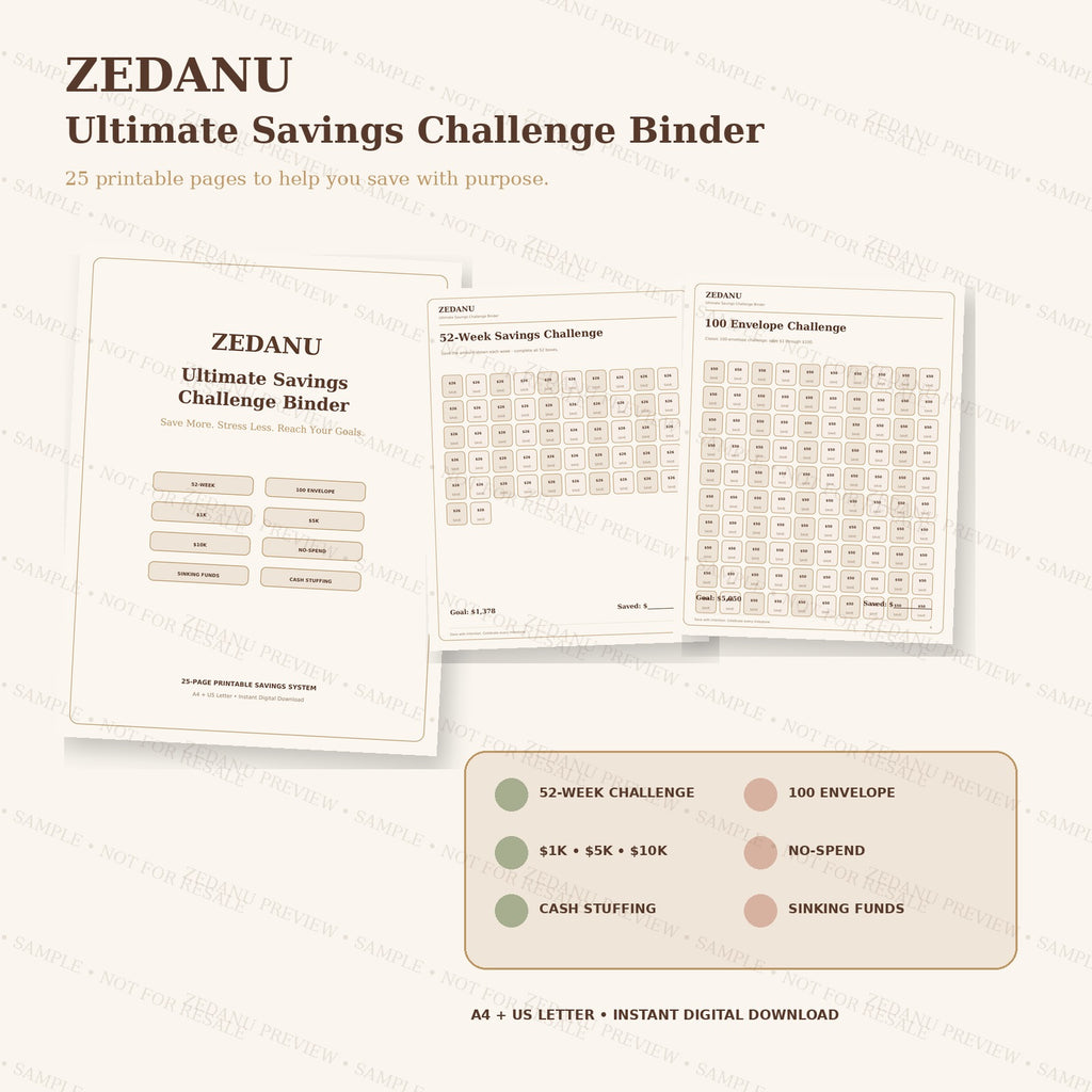 Printable savings binder with cash stuffing sinking funds and goal challenges