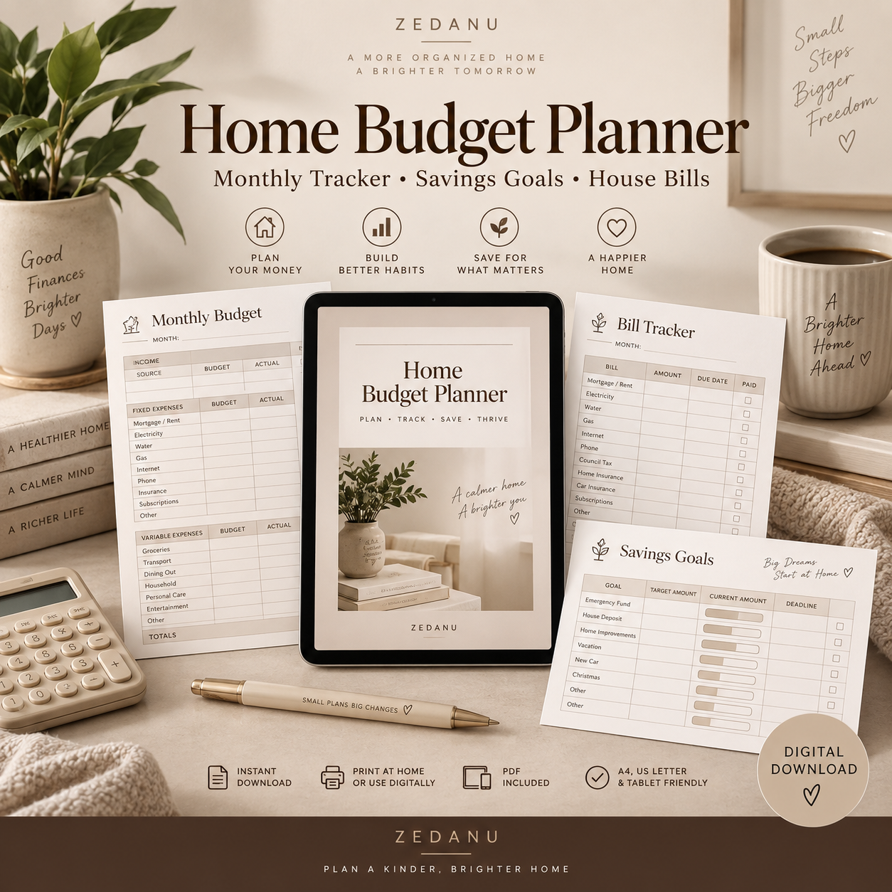 ZEDANU home budget planner printable PDF with monthly budget bills and savings pages