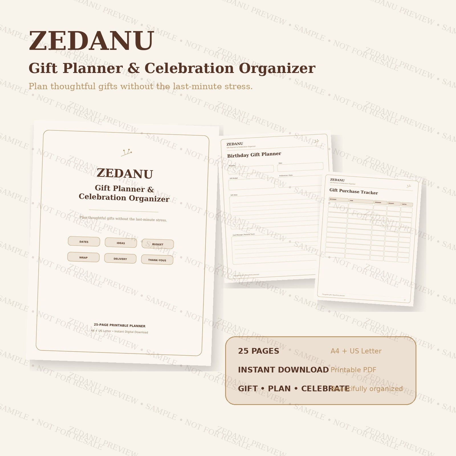 ZEDANU Gift Planner & Celebration Organizer Printable PDF