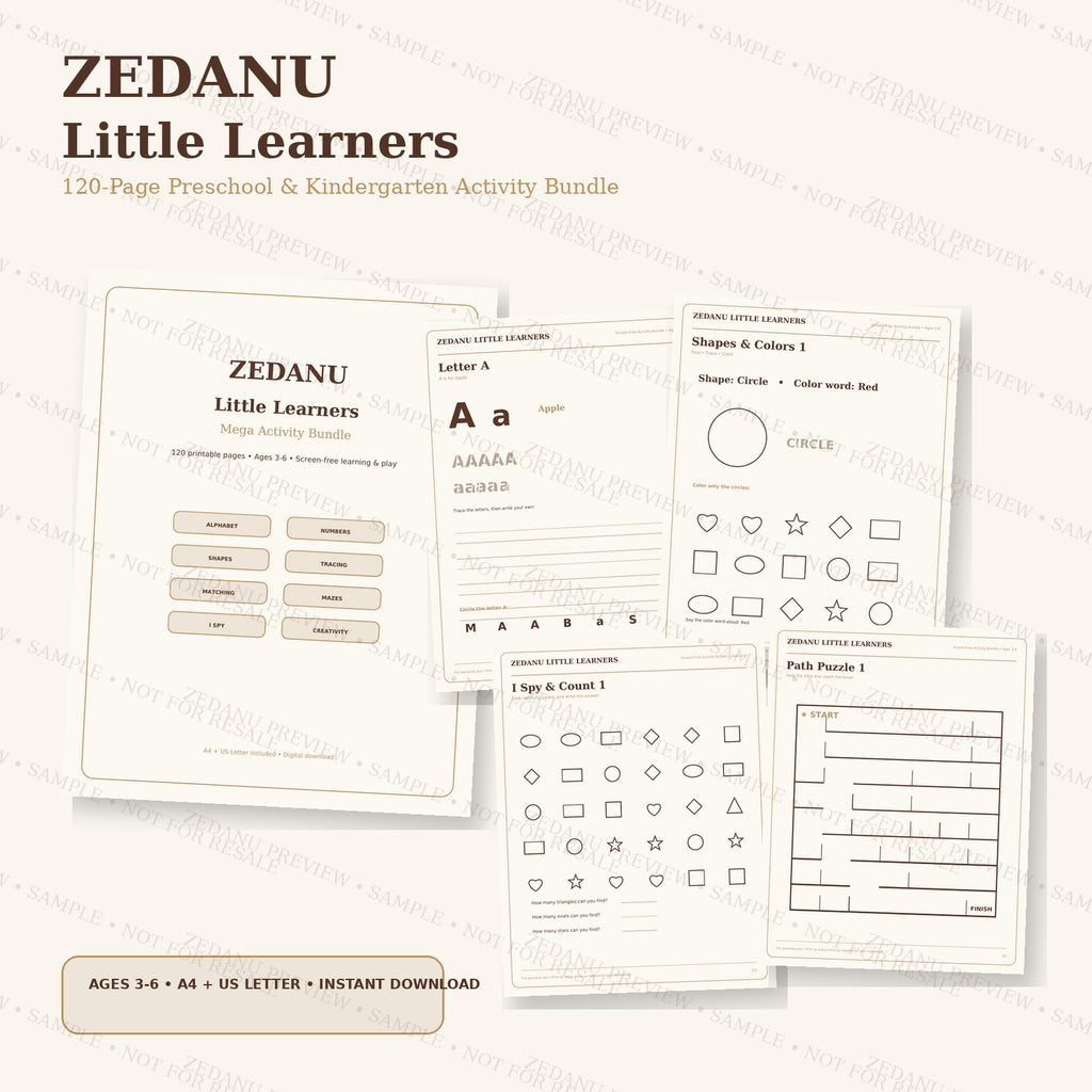 ZEDANU Little Learners 120-Page Preschool & Kindergarten Activity Bundle