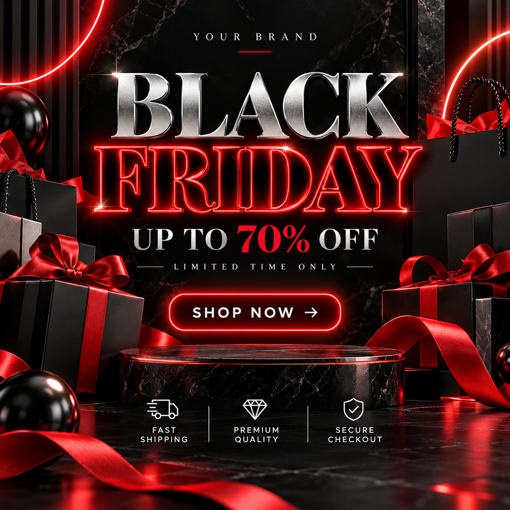 Black Friday Canva Templates Luxury Neon, Editable Instagram Sale Posts & Story Templates, Black Red Friday Marketing Kit