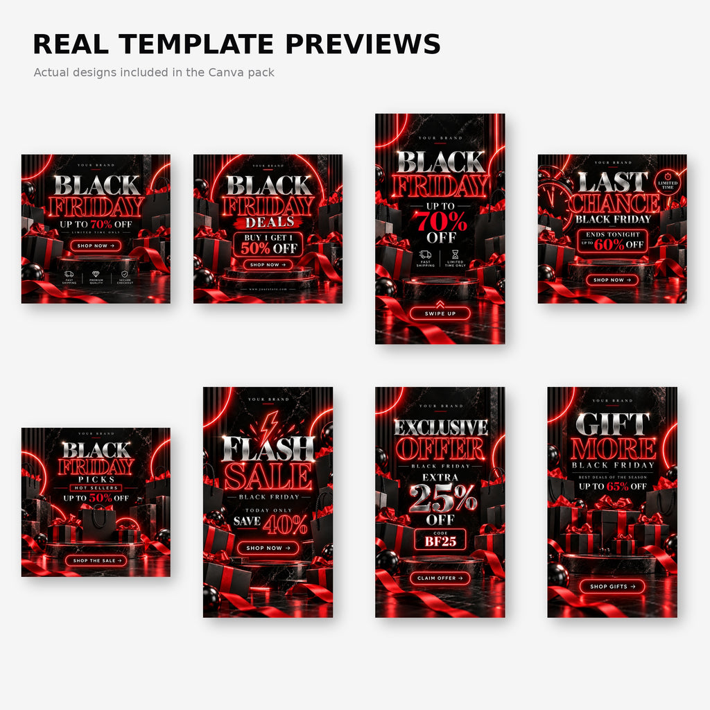 Black Friday Canva Templates Luxury Neon, Editable Instagram Sale Posts & Story Templates, Black Red Friday Marketing Kit