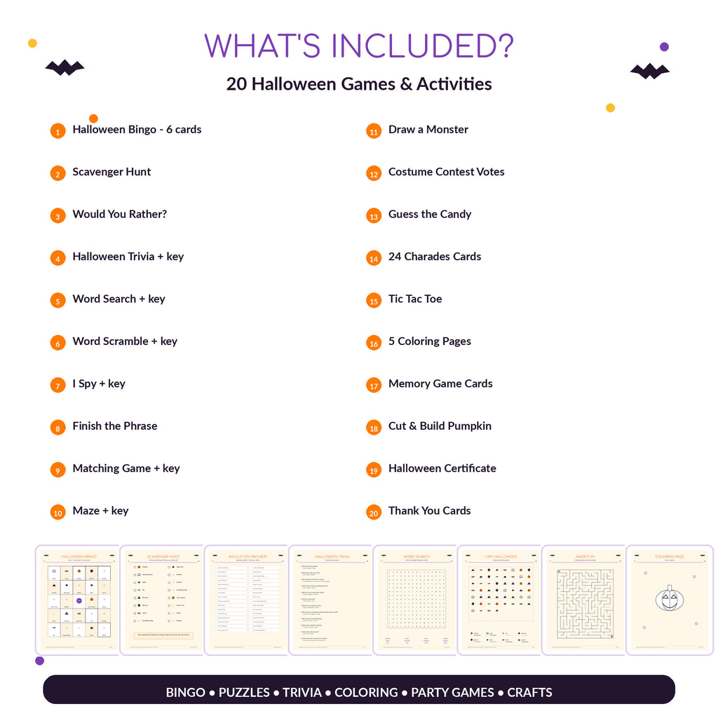 Halloween Kids Party Games Bundle Printable, 20 Halloween Activities for Kids, Bingo Scavenger Hunt Trivia, Classroom Party PDF