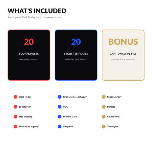 Black Friday Canva Templates, 40 Editable Instagram Posts & Stories for Small Business, Cyber Monday Social Media Marketing Kit