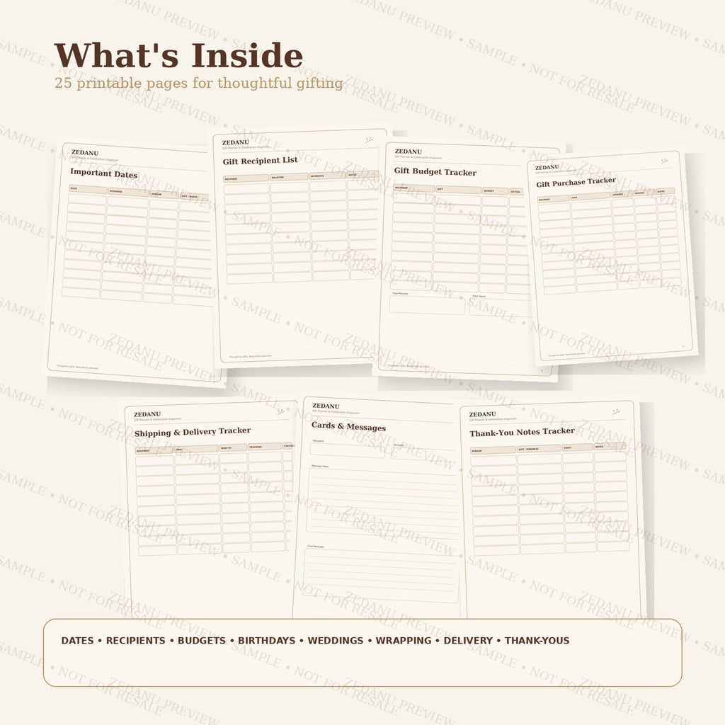 ZEDANU Gift Planner & Celebration Organizer Printable PDF
