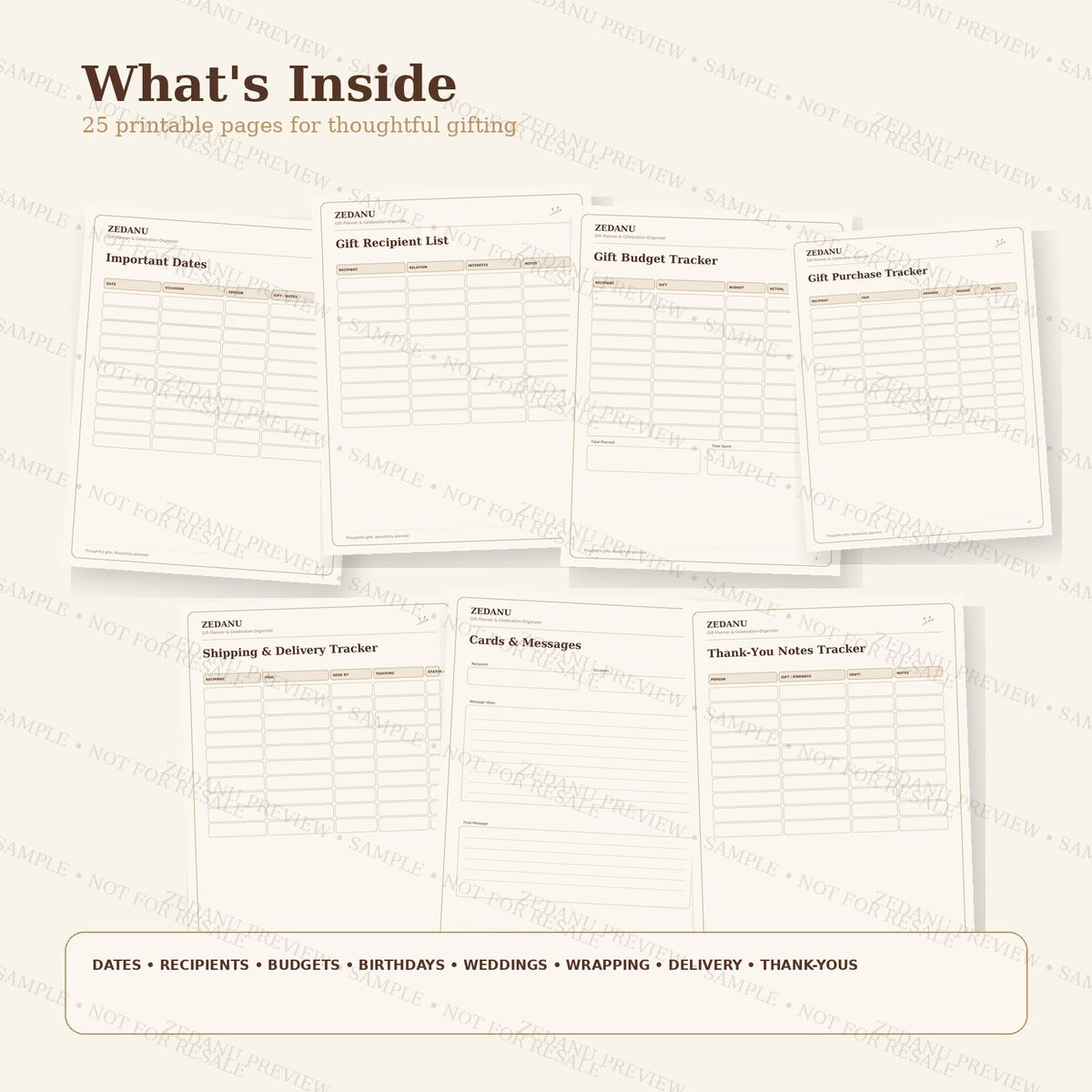 ZEDANU Gift Planner & Celebration Organizer Printable PDF