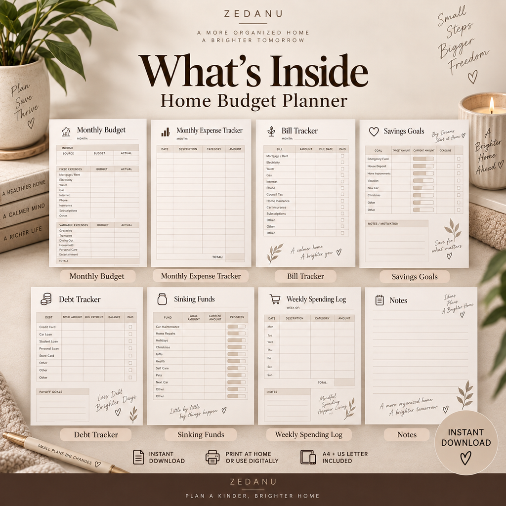 Printable home budget planner with expense tracker bill tracker and savings goals