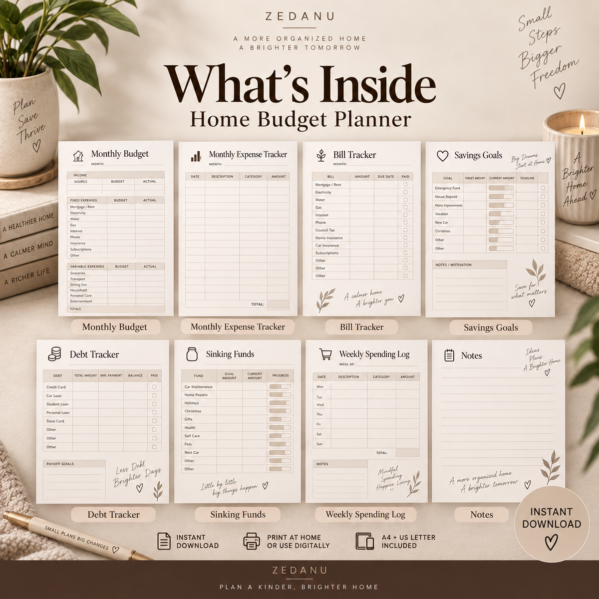 Printable home budget planner with expense tracker bill tracker and savings goals