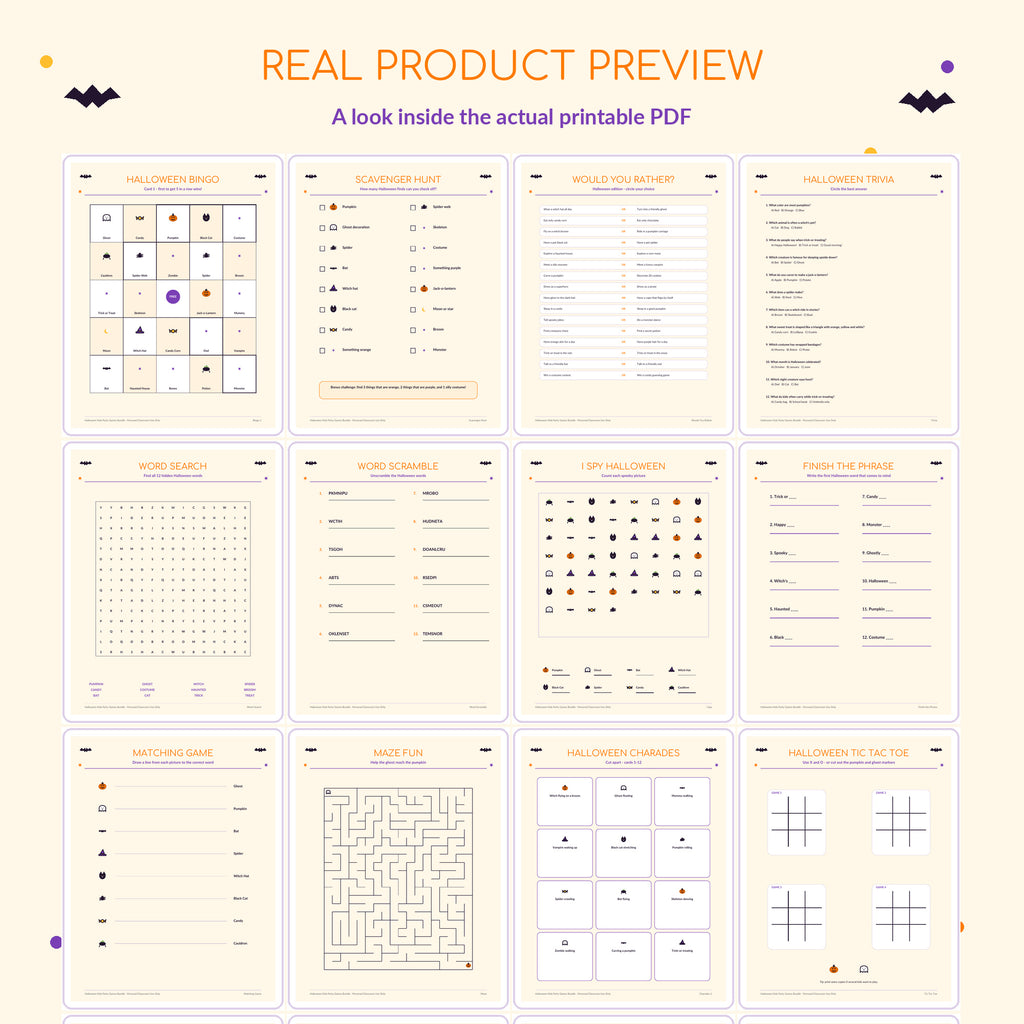Halloween Kids Party Games Bundle Printable, 20 Halloween Activities for Kids, Bingo Scavenger Hunt Trivia, Classroom Party PDF