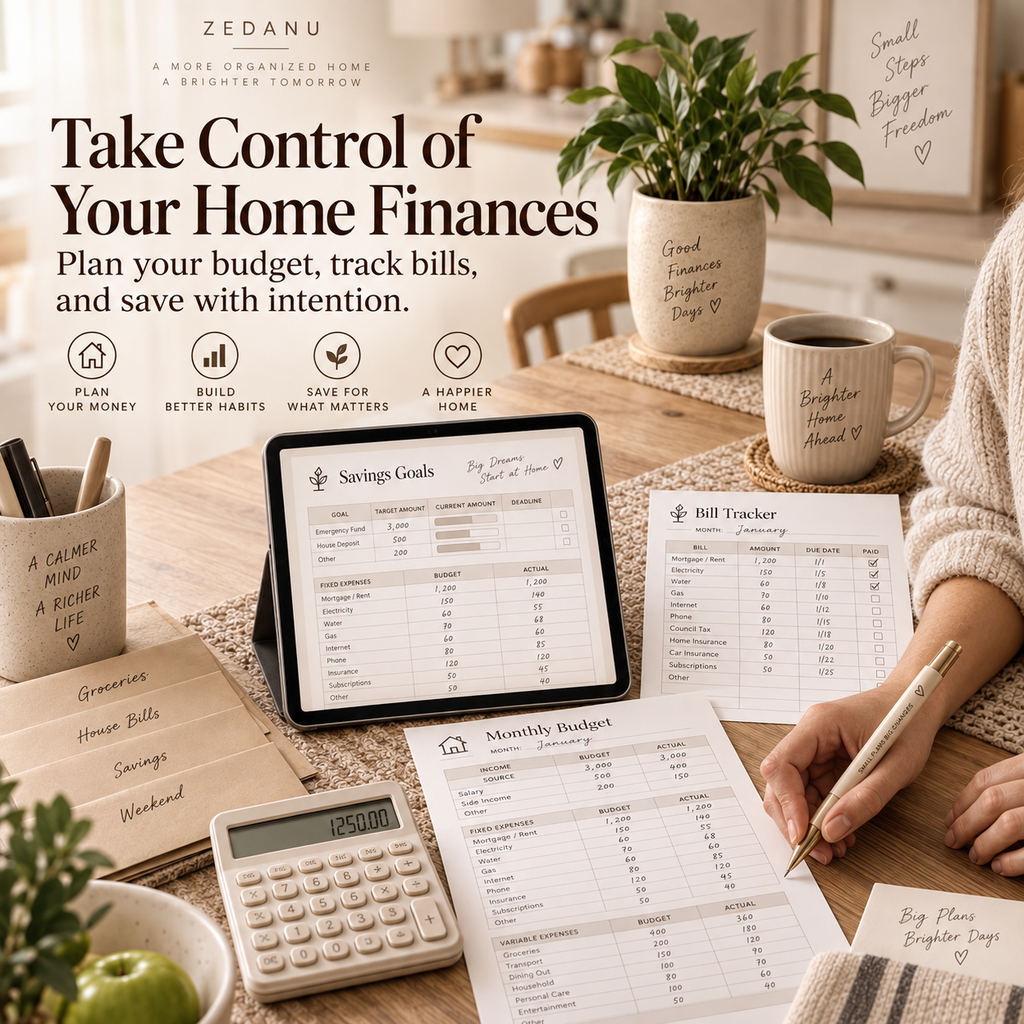 Home finance planner lifestyle mockup with monthly budget and household bills
