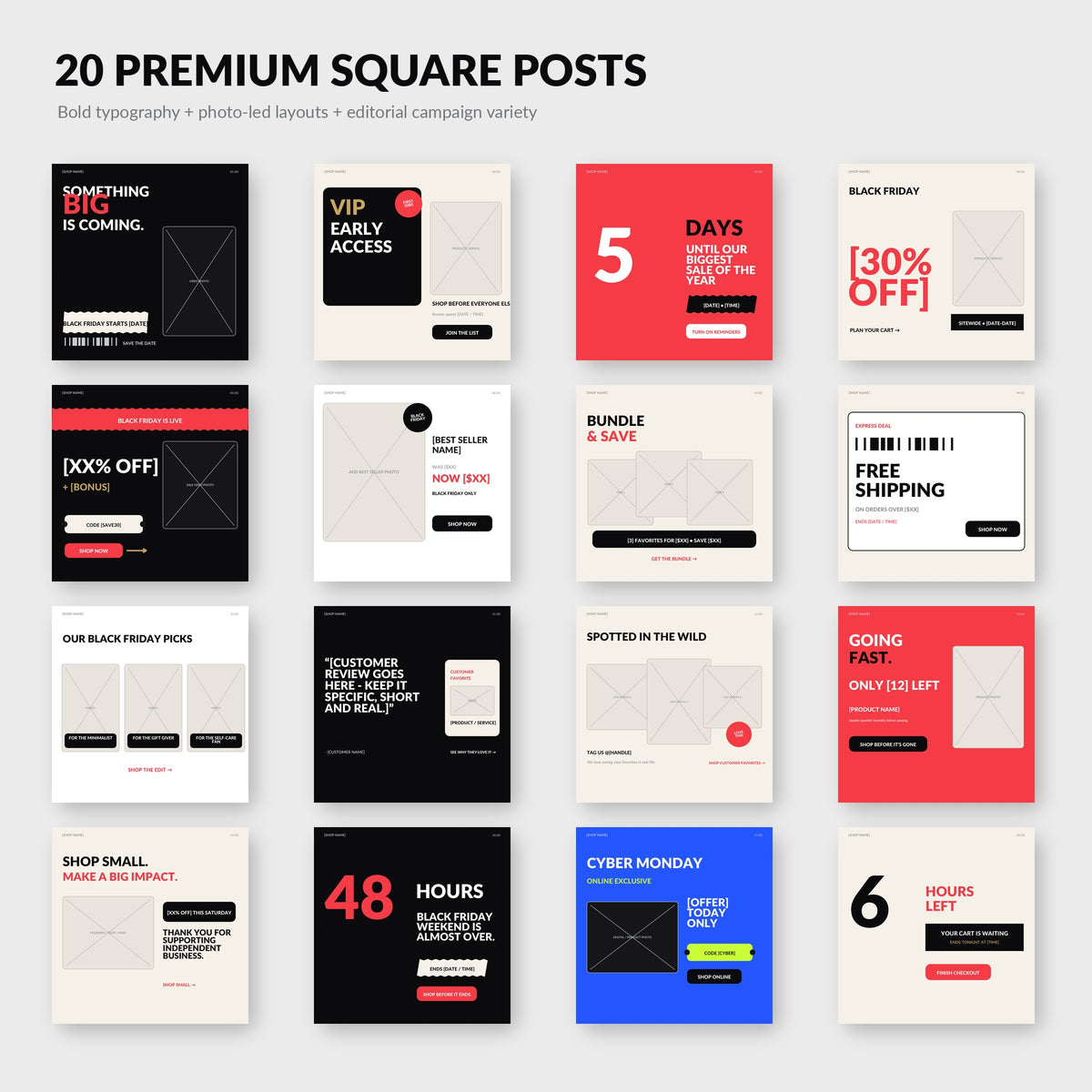 Black Friday Canva Templates, 40 Editable Instagram Posts & Stories for Small Business, Cyber Monday Social Media Marketing Kit