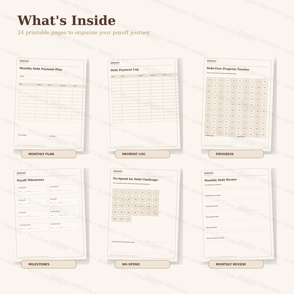 Actual debt payoff planner pages with monthly payment plan and progress tracker