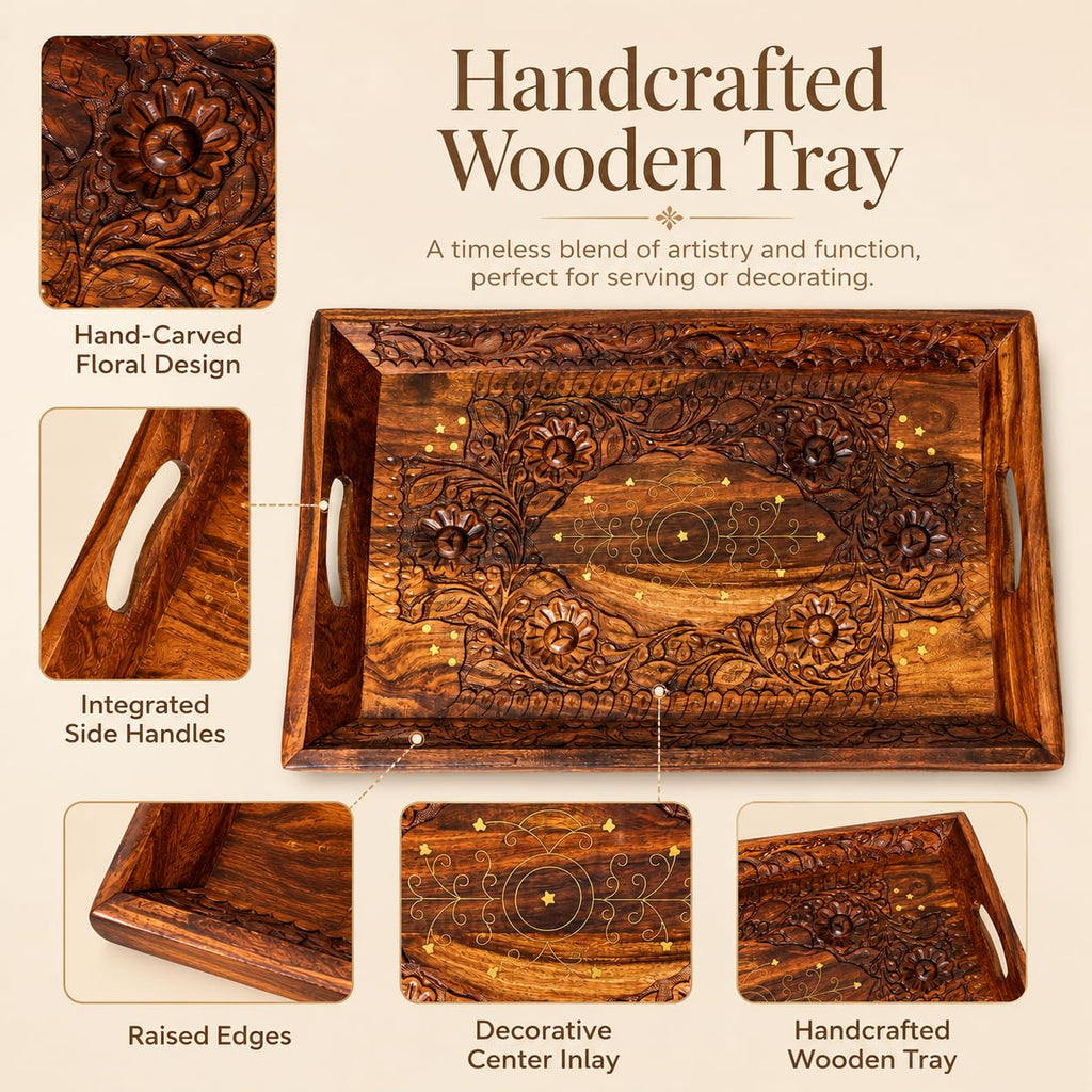 Wooden Coffee Tray Serving Tray with Handles Wood Ottoman Tray Table Tray décor Great for Dinner Trays, Tea Tray, Breakfast Tray, or Any Food Tray - Good for Parties Centerpiece for Coffee Table Medium