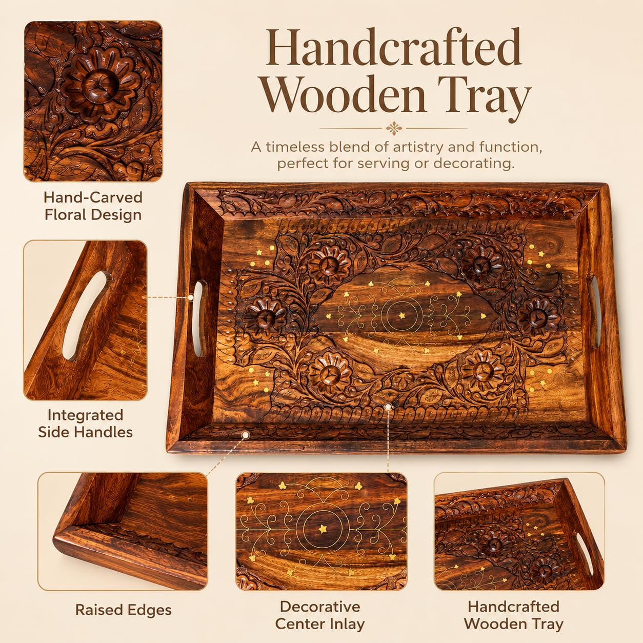 Wooden Coffee Tray Serving Tray with Handles Wood Ottoman Tray Table Tray décor Great for Dinner Trays, Tea Tray, Breakfast Tray, or Any Food Tray - Good for Parties Centerpiece for Coffee Table Medium