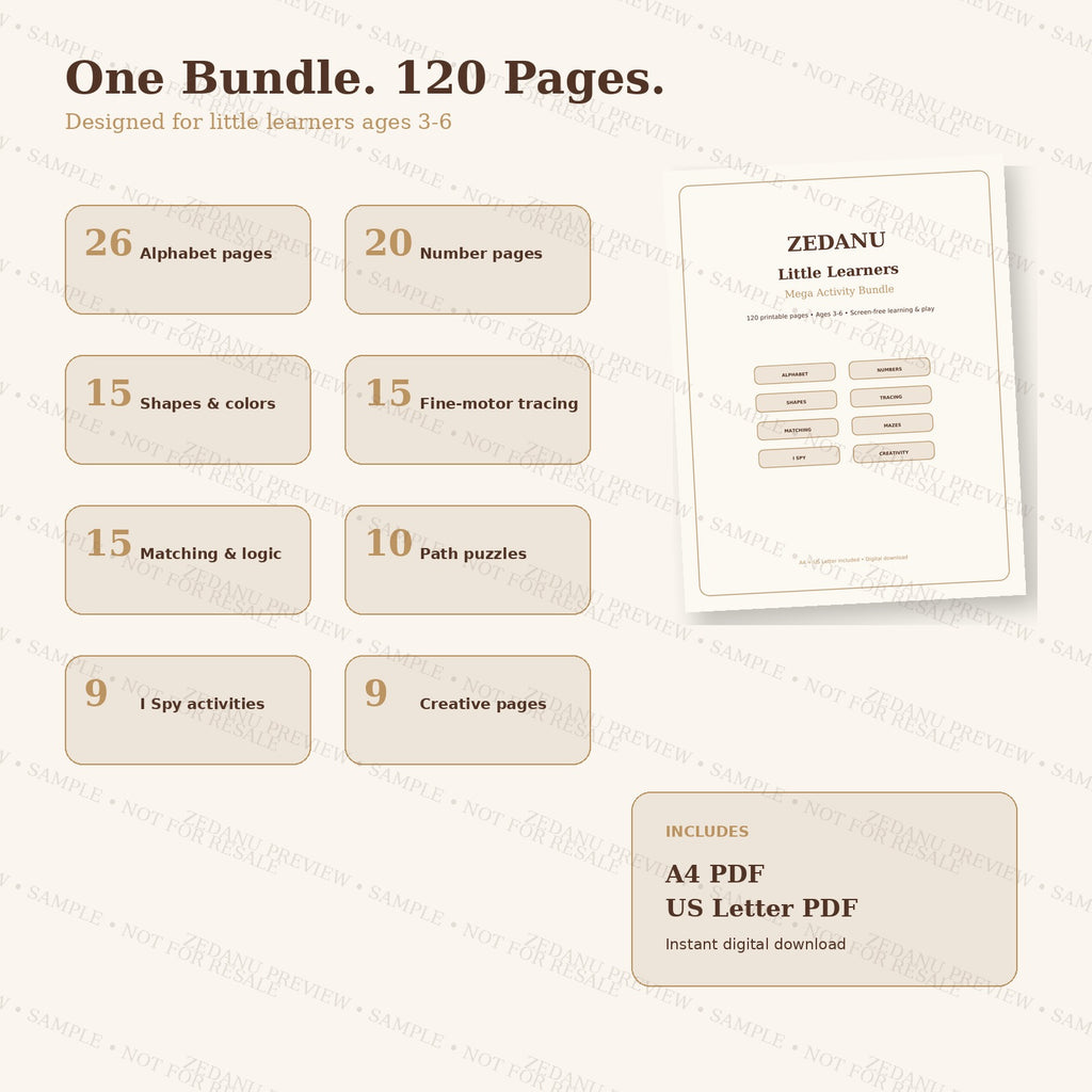 ZEDANU Little Learners 120-Page Preschool & Kindergarten Activity Bundle