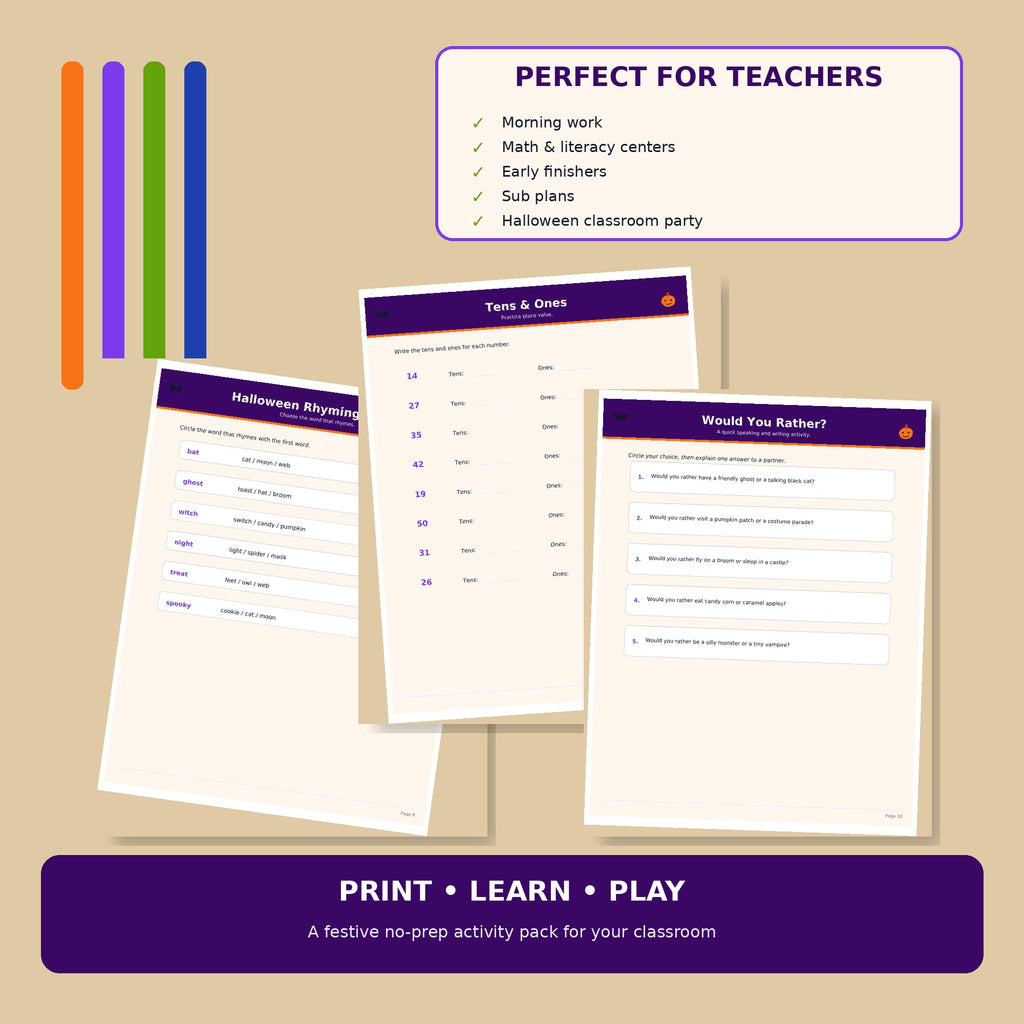 Halloween Classroom Activity Pack, Grades 1-3 Printable Worksheets, Math Literacy Writing Games, Teacher Instant Download