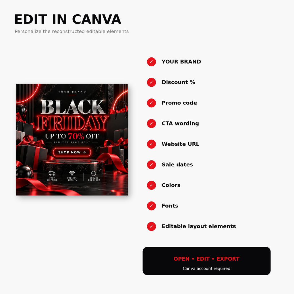 Black Friday Canva Templates Luxury Neon, Editable Instagram Sale Posts & Story Templates, Black Red Friday Marketing Kit
