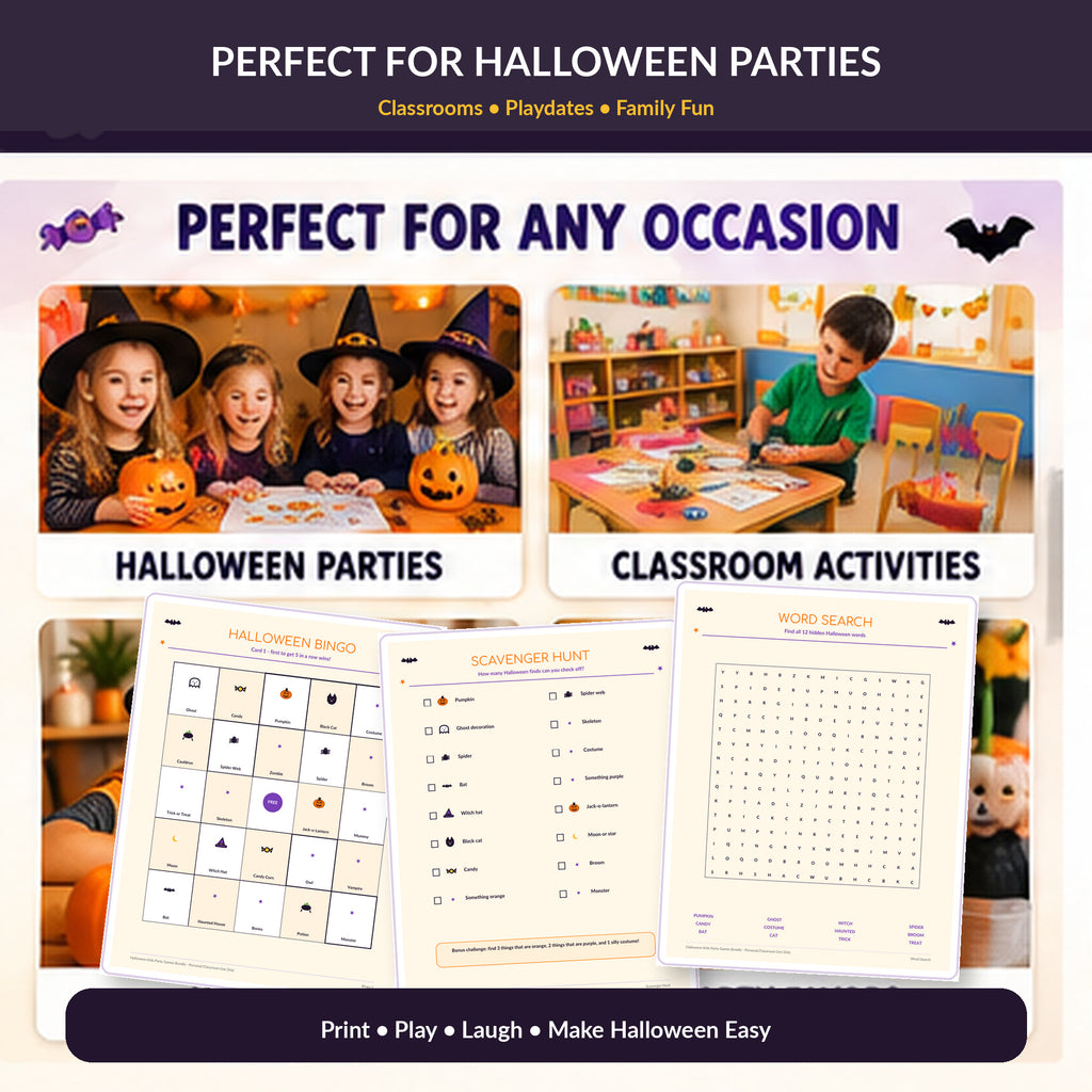 Halloween Kids Party Games Bundle Printable, 20 Halloween Activities for Kids, Bingo Scavenger Hunt Trivia, Classroom Party PDF
