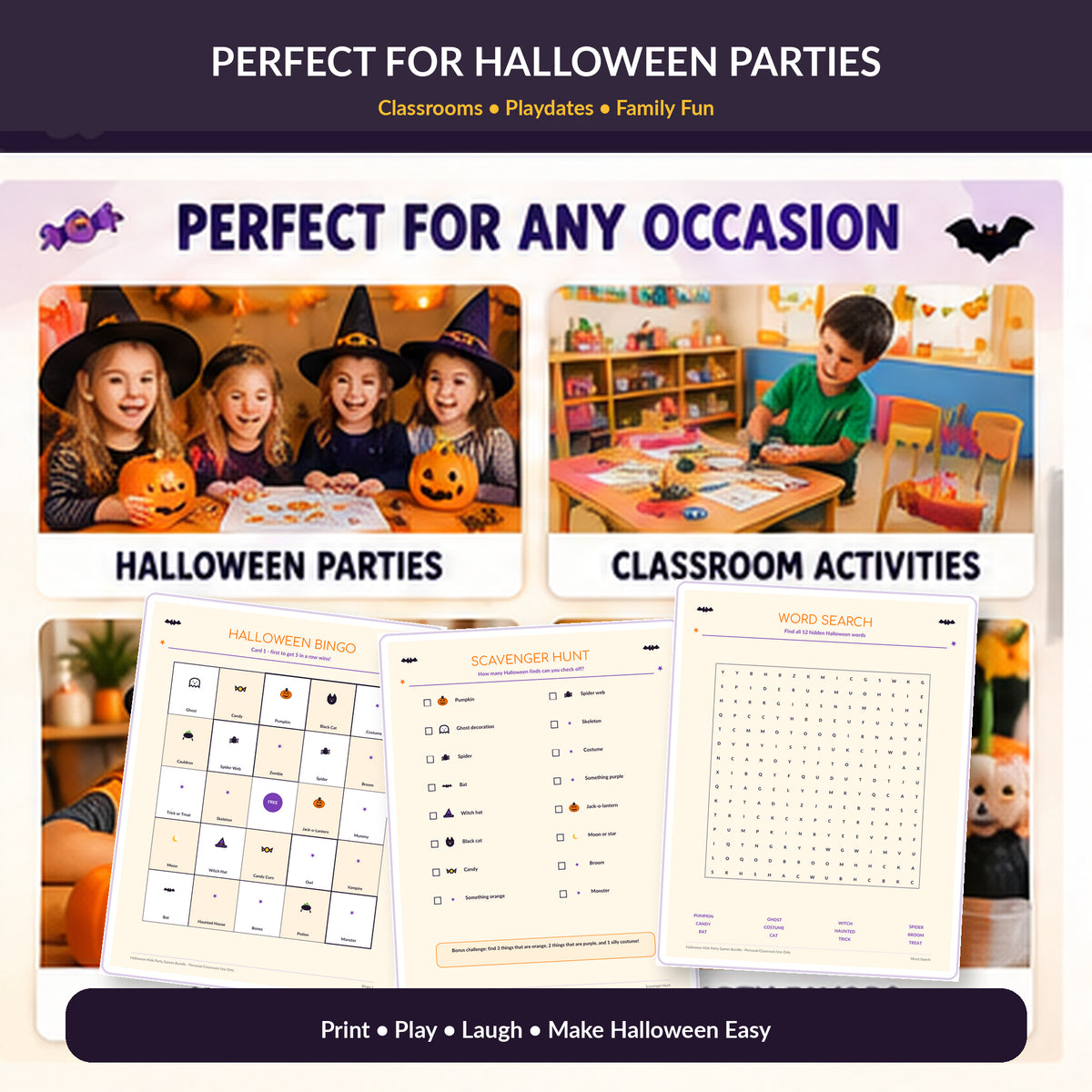 Halloween Kids Party Games Bundle Printable, 20 Halloween Activities for Kids, Bingo Scavenger Hunt Trivia, Classroom Party PDF
