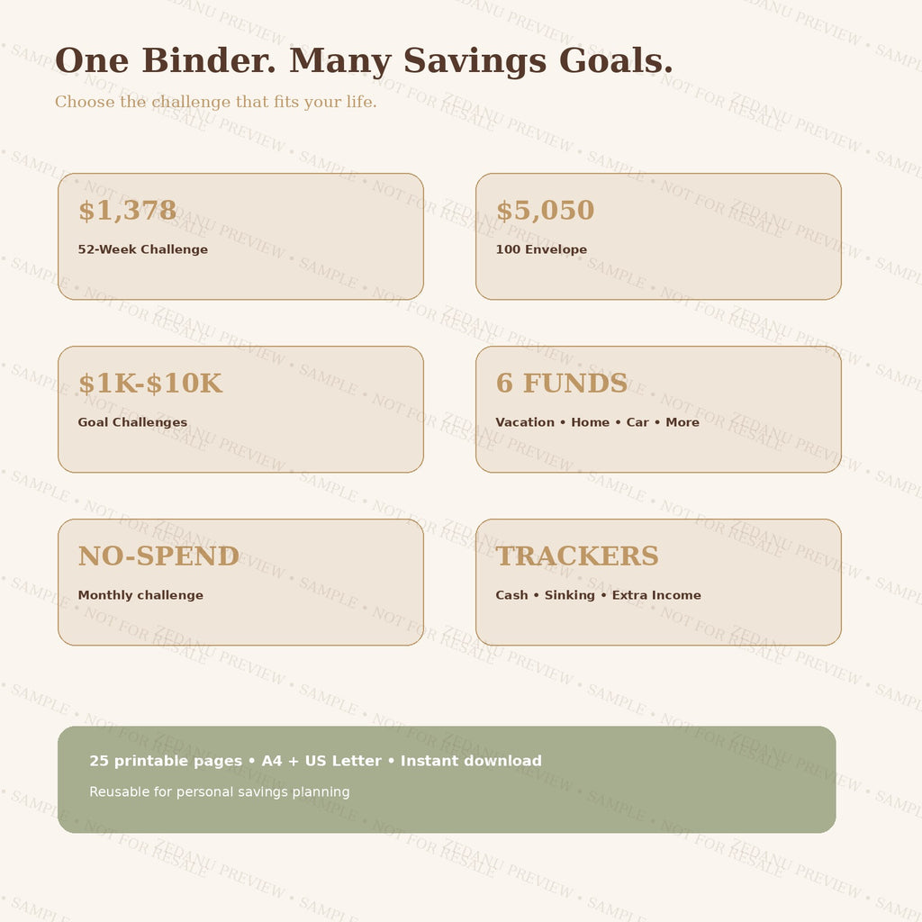 Printable savings binder with cash stuffing sinking funds and goal challenges