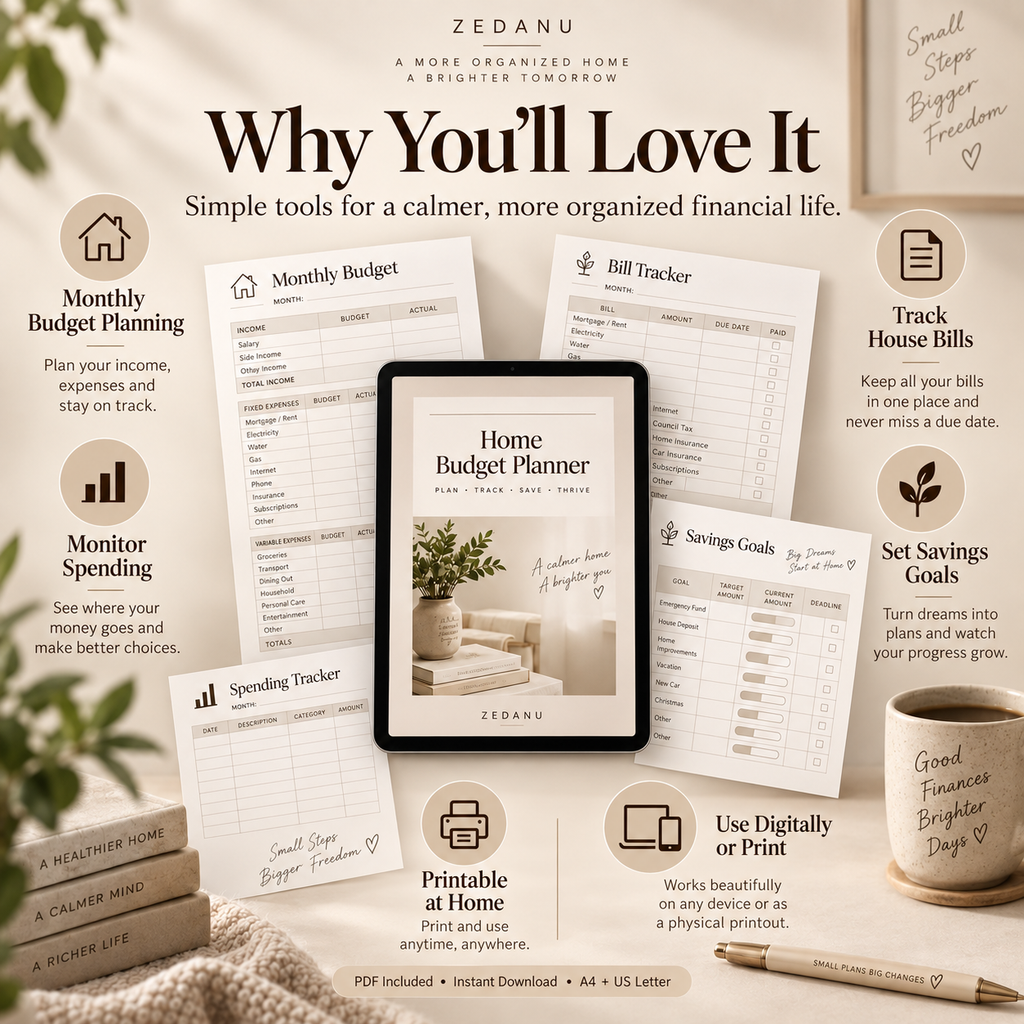 Printable household budget planner for savings expenses and bill organization