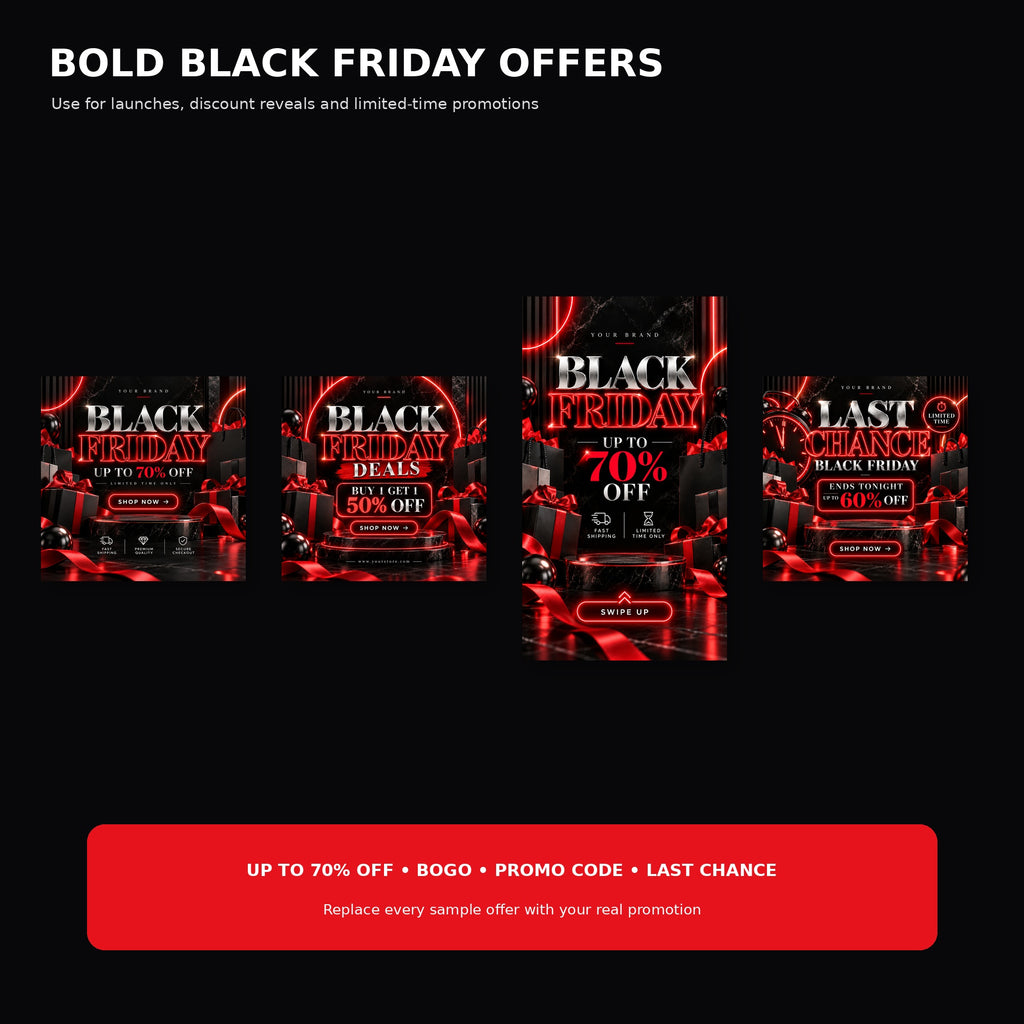 Black Friday Canva Templates Luxury Neon, Editable Instagram Sale Posts & Story Templates, Black Red Friday Marketing Kit
