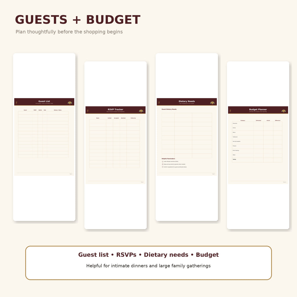 Thanksgiving Hosting Planner Printable, Dinner Party Organizer, Menu Grocery List Budget Cooking Timeline, Instant Download