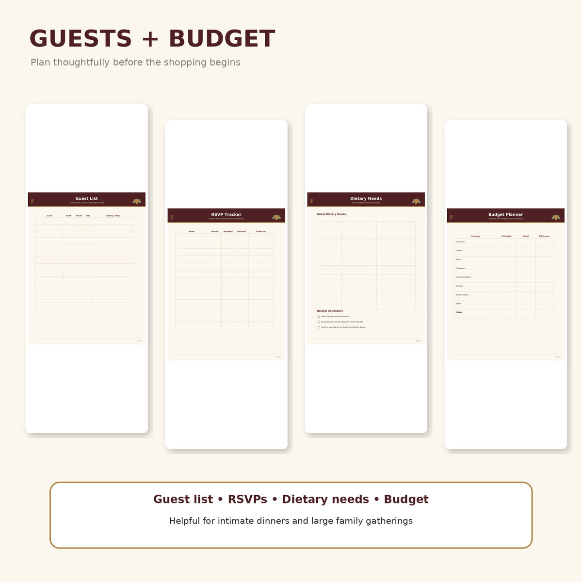 Thanksgiving Hosting Planner Printable, Dinner Party Organizer, Menu Grocery List Budget Cooking Timeline, Instant Download