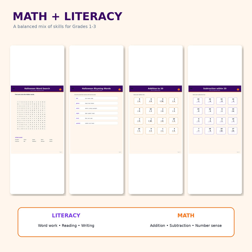 Halloween Classroom Activity Pack, Grades 1-3 Printable Worksheets, Math Literacy Writing Games, Teacher Instant Download
