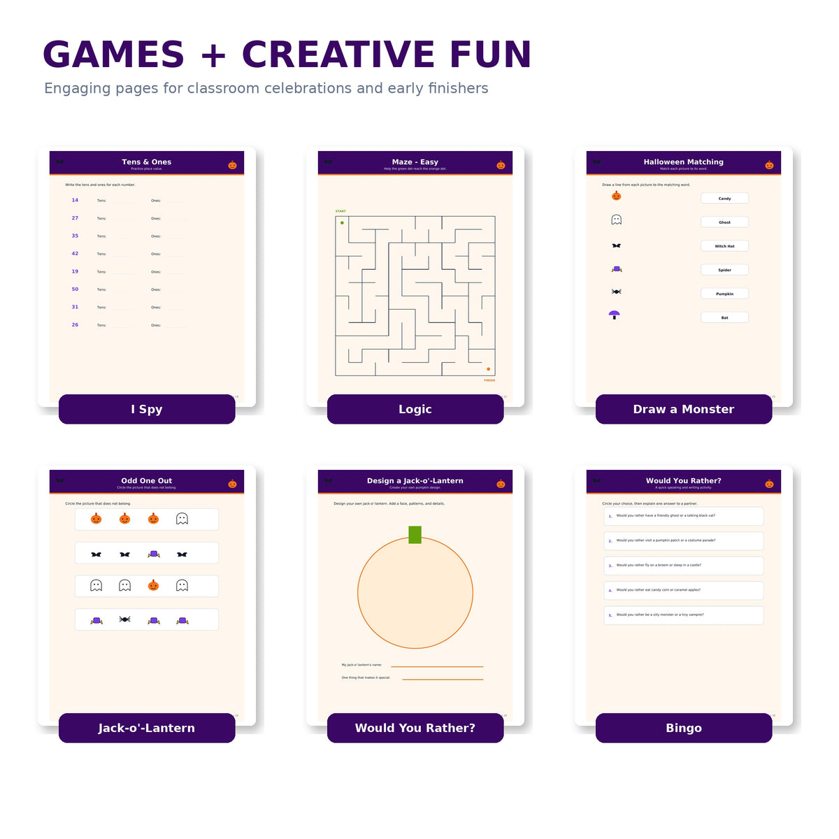 Halloween Classroom Activity Pack, Grades 1-3 Printable Worksheets, Math Literacy Writing Games, Teacher Instant Download