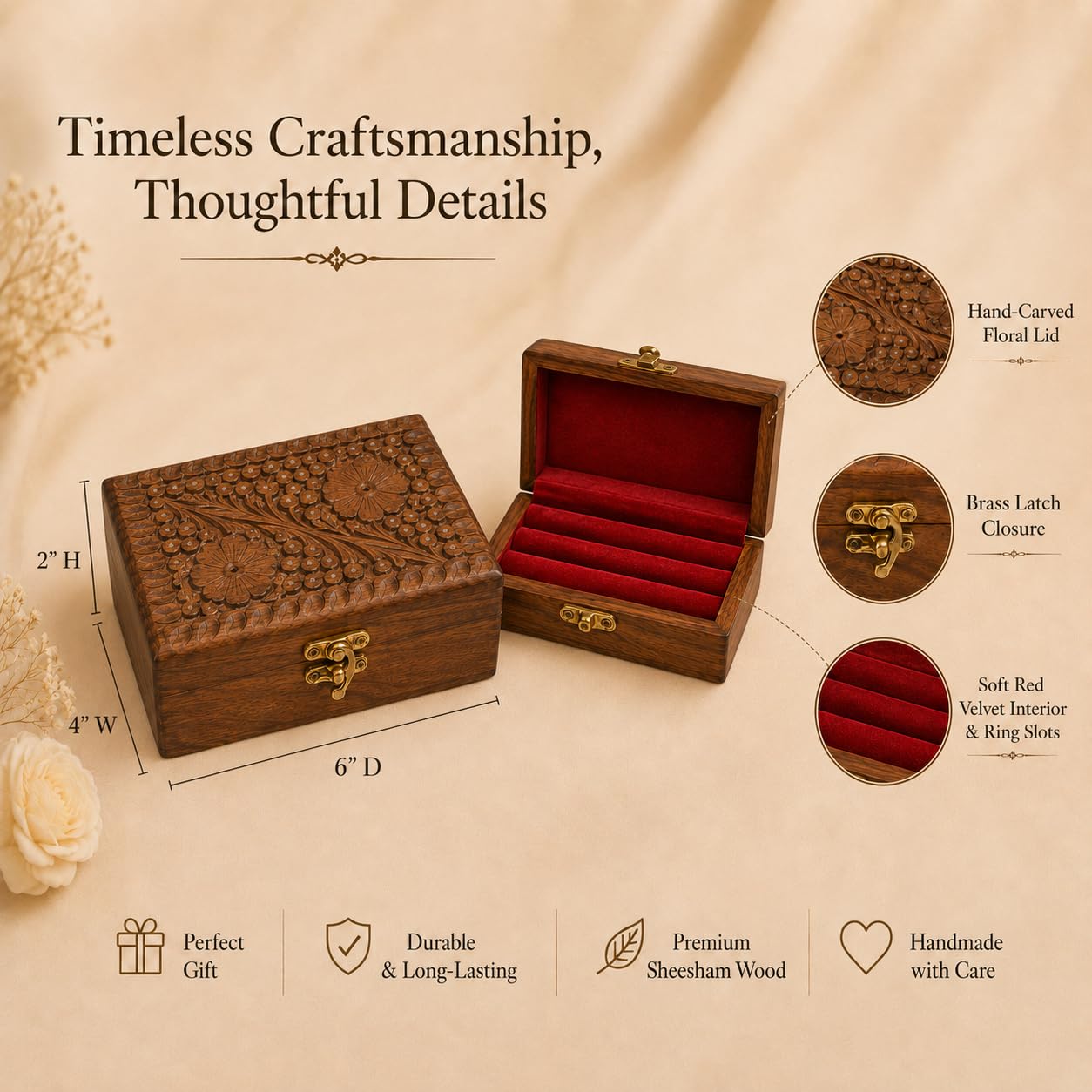 ZEDANU Handmade Wooden Jewelry Box Organizer Wooden Trinket Keepsake Jewellery Storage Box Vintage Box Multipurpose Organizer Chest Great Gift For Your Loved Ones (Medium)