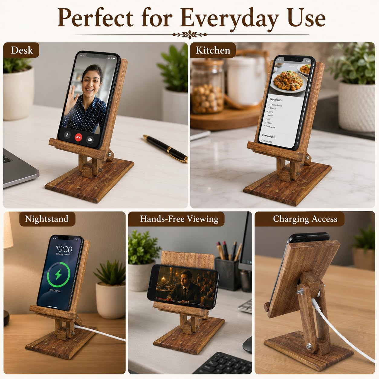 ZEDANU Handcrafted Adjustable Wooden Mobile Stand – Solid Wood Phone Holder with Decorative Inlay Design – Compatible with All Smartphones