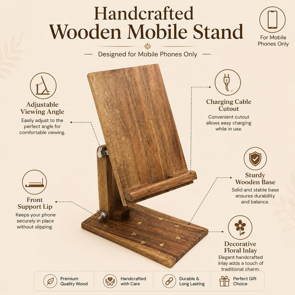 ZEDANU Handcrafted Adjustable Wooden Mobile Stand – Solid Wood Phone Holder with Decorative Inlay Design – Compatible with All Smartphones