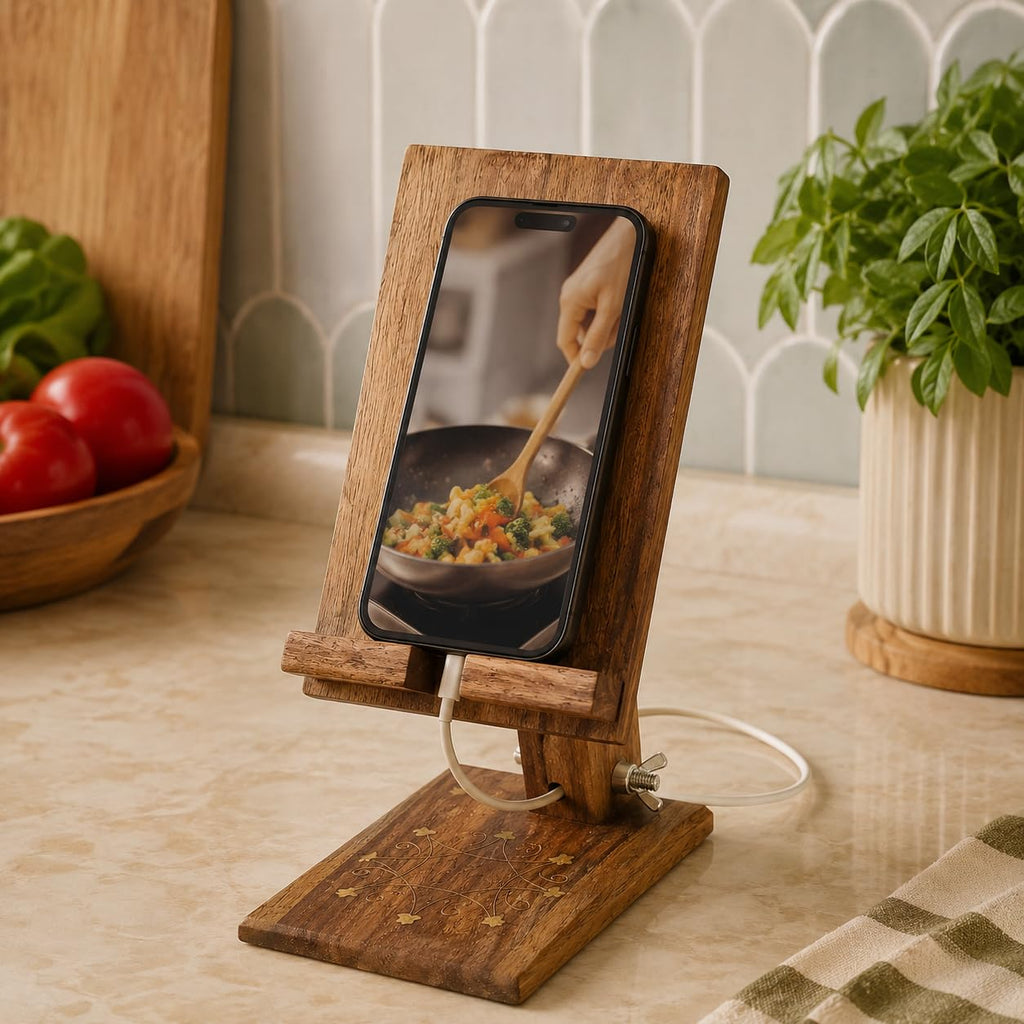 ZEDANU Handcrafted Adjustable Wooden Mobile Stand – Solid Wood Phone Holder with Decorative Inlay Design – Compatible with All Smartphones