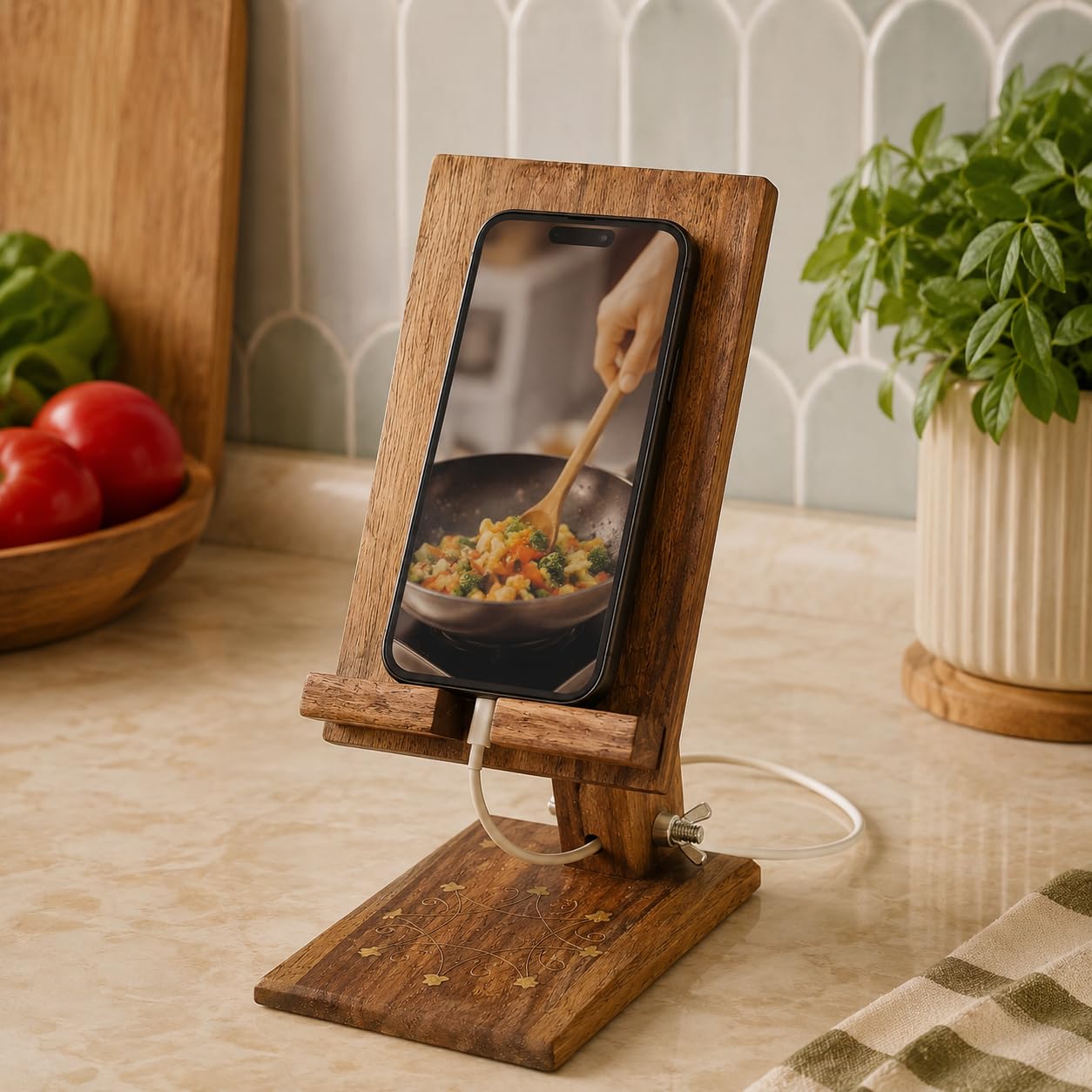 ZEDANU Handcrafted Adjustable Wooden Mobile Stand – Solid Wood Phone Holder with Decorative Inlay Design – Compatible with All Smartphones