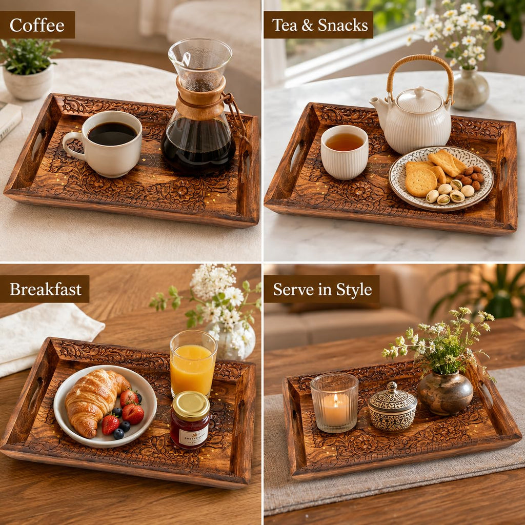 Wooden Coffee Tray Serving Tray with Handles Wood Ottoman Tray Table Tray décor Great for Dinner Trays, Tea Tray, Breakfast Tray, or Any Food Tray - Good for Parties Centerpiece for Coffee Table Medium