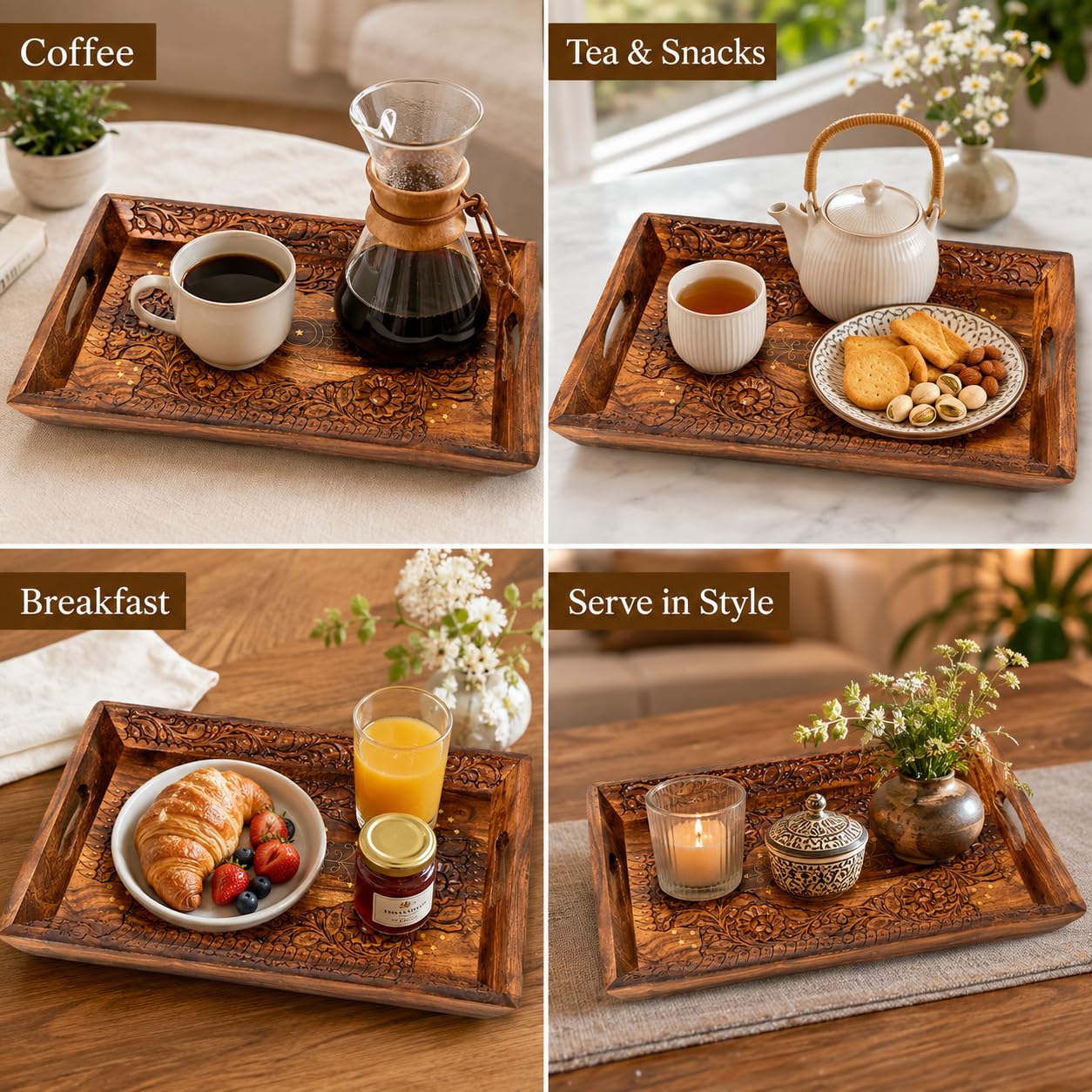 Wooden Coffee Tray Serving Tray with Handles Wood Ottoman Tray Table Tray décor Great for Dinner Trays, Tea Tray, Breakfast Tray, or Any Food Tray - Good for Parties Centerpiece for Coffee Table Medium